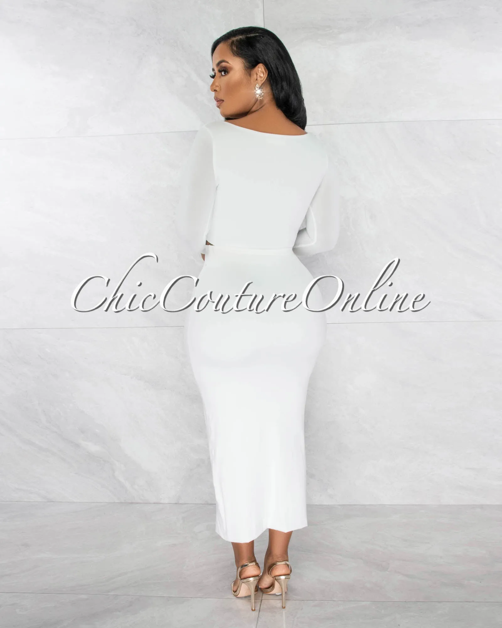 Tuccia Off-White Crop Top & Midi Skirt Double Lined Set sold by Chic Couture product image thumbnail 3