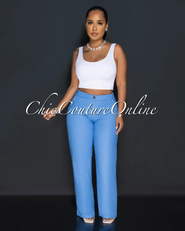 Lancome Blue Pleated Wide Linen Pants sold by Chic Couture