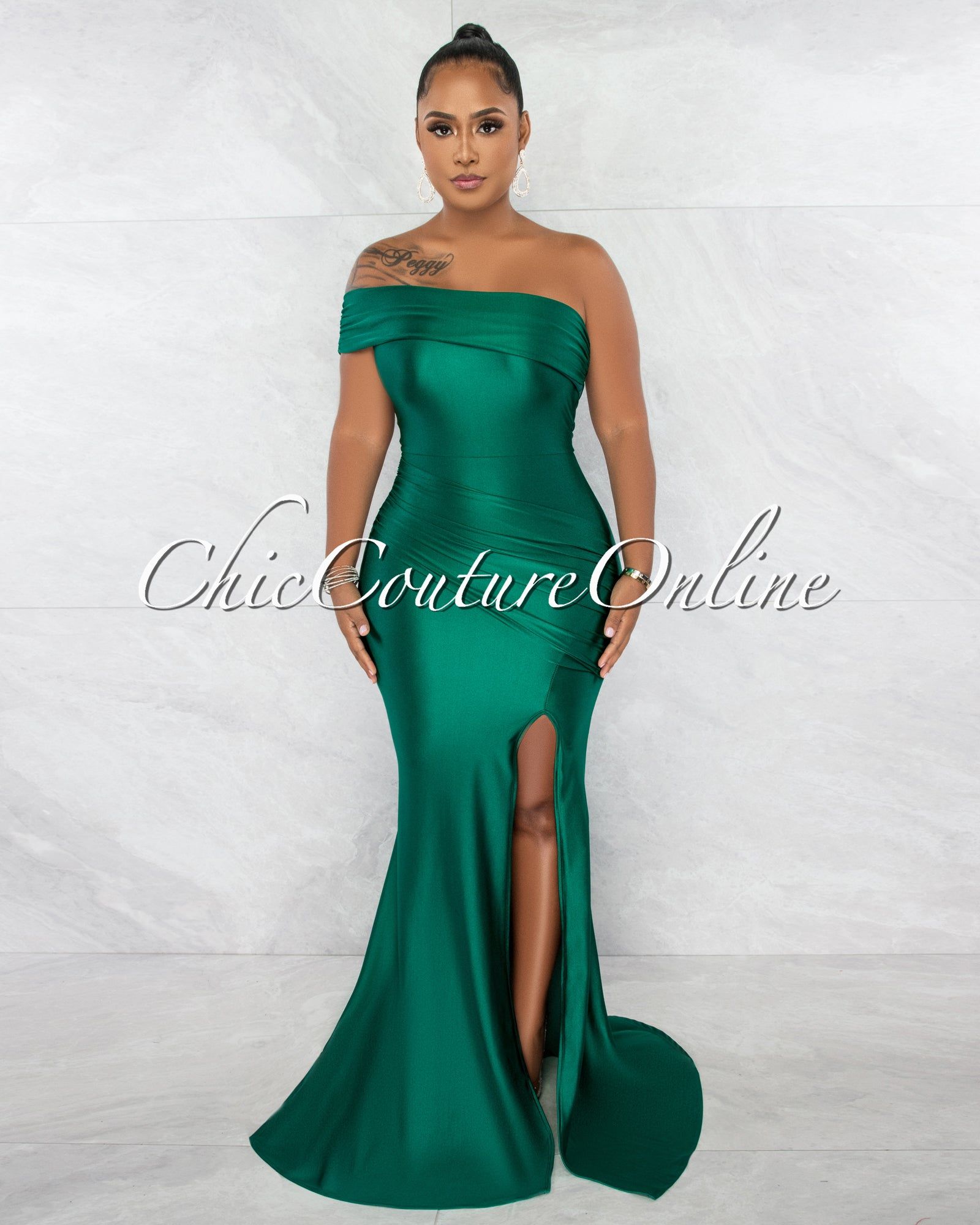 Hender Hunter Green Drape Single Shoulder Side Slit Maxi Dress sold by Chic Couture
