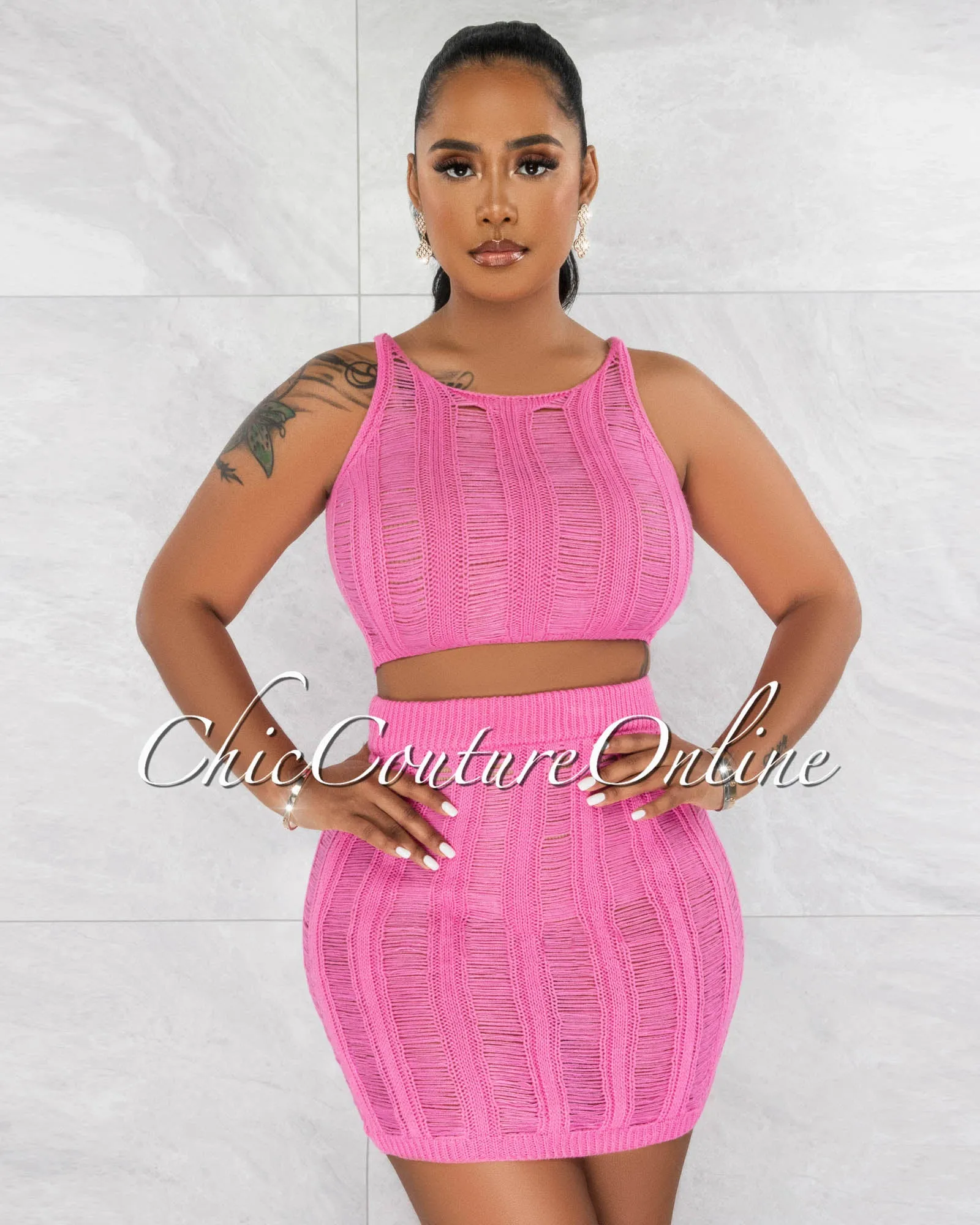 *Mexie Pink Crochet Crop Top & Skirt Cover-Up Set sold by Chic Couture