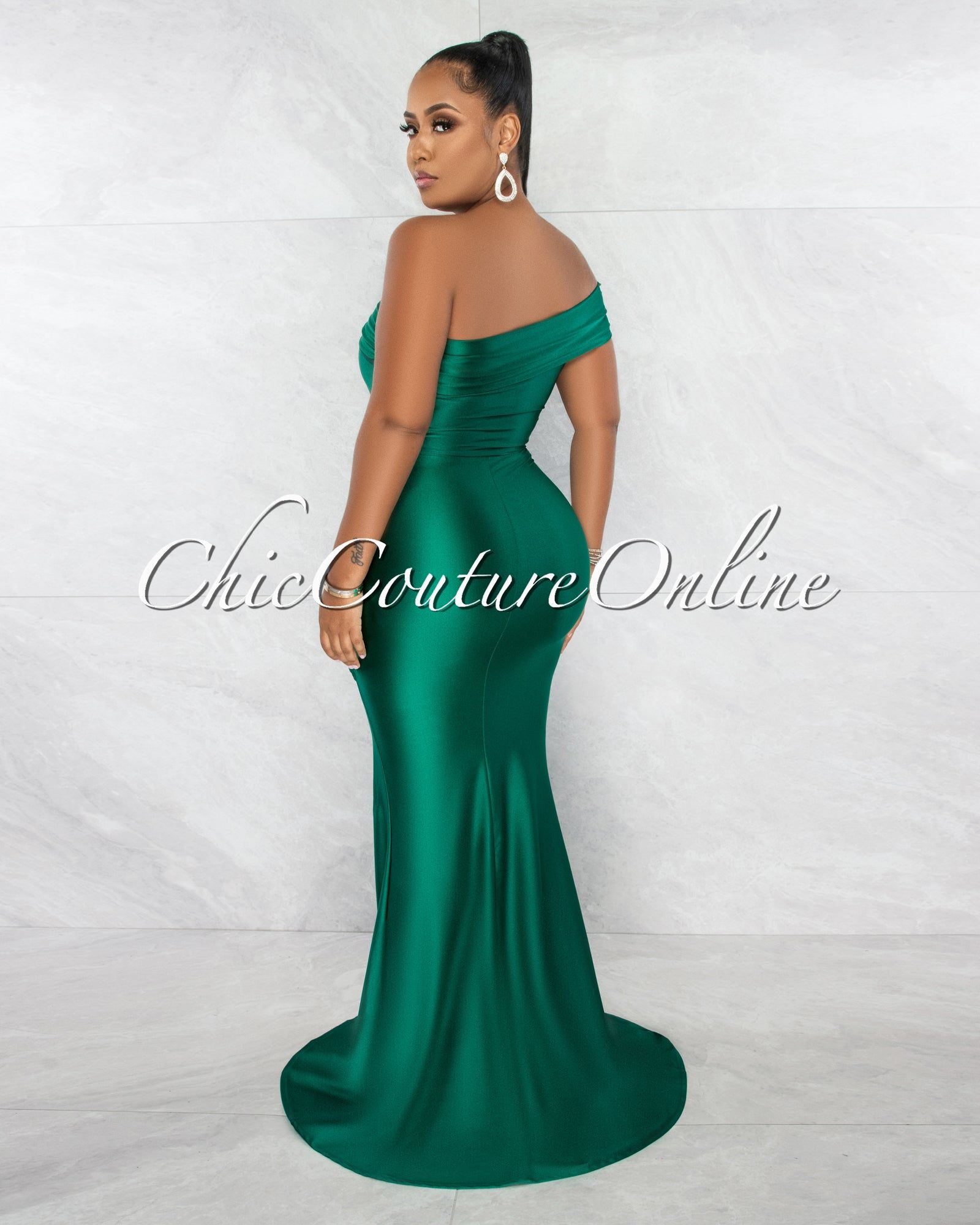 Hender Hunter Green Drape Single Shoulder Side Slit Maxi Dress sold by Chic Couture product image thumbnail 3