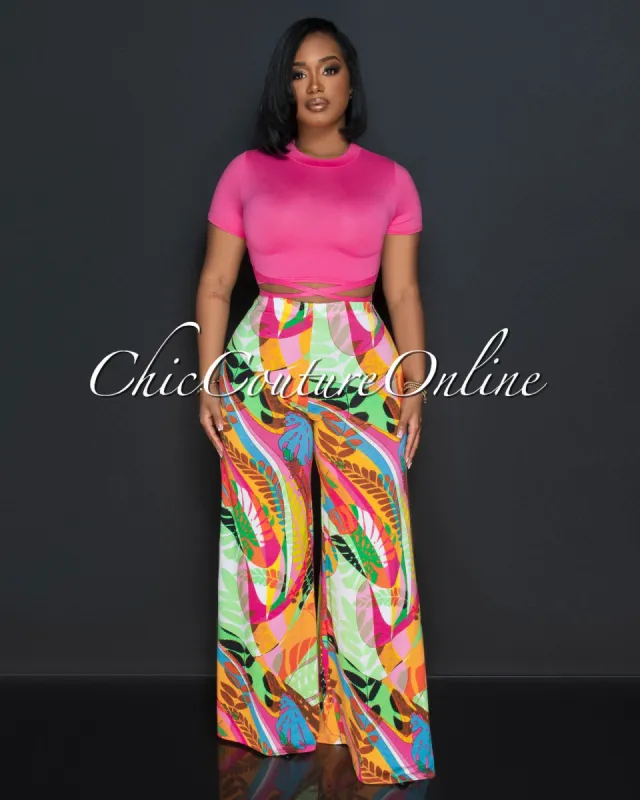Maxine Fuchsia Crop Top & Multi-Color Print Wide Pants Set sold by Chic Couture