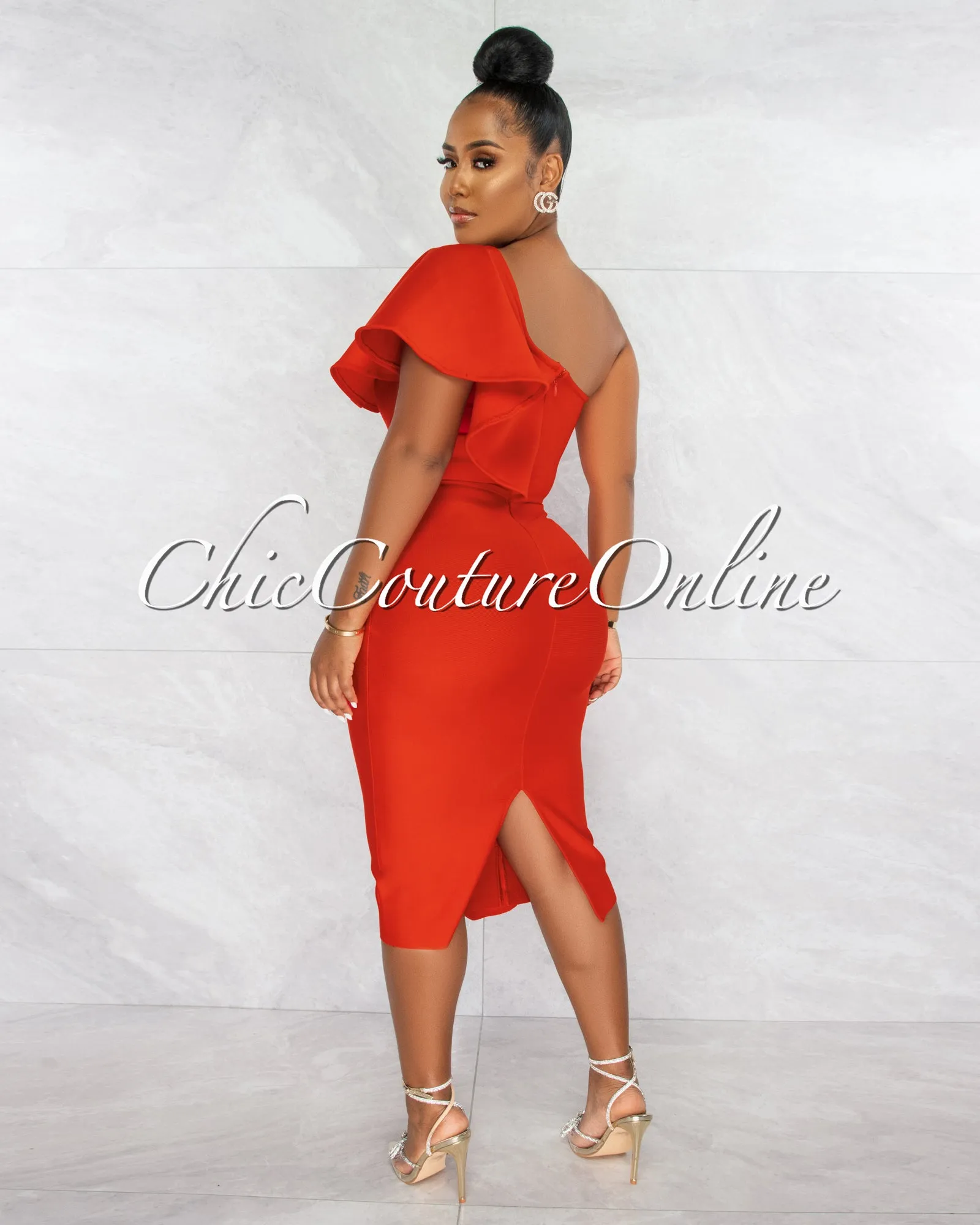 *Annette Red Single Shoulder Ruffle Bandage Midi Dress sold by Chic Couture product image thumbnail 4