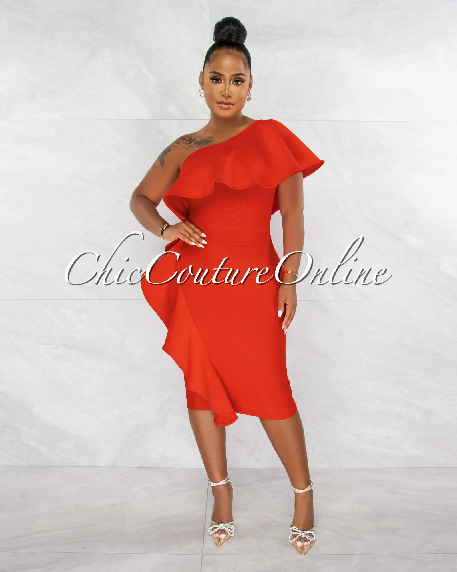 *Annette Red Single Shoulder Ruffle Bandage Midi Dress sold by Chic Couture product image thumbnail 2