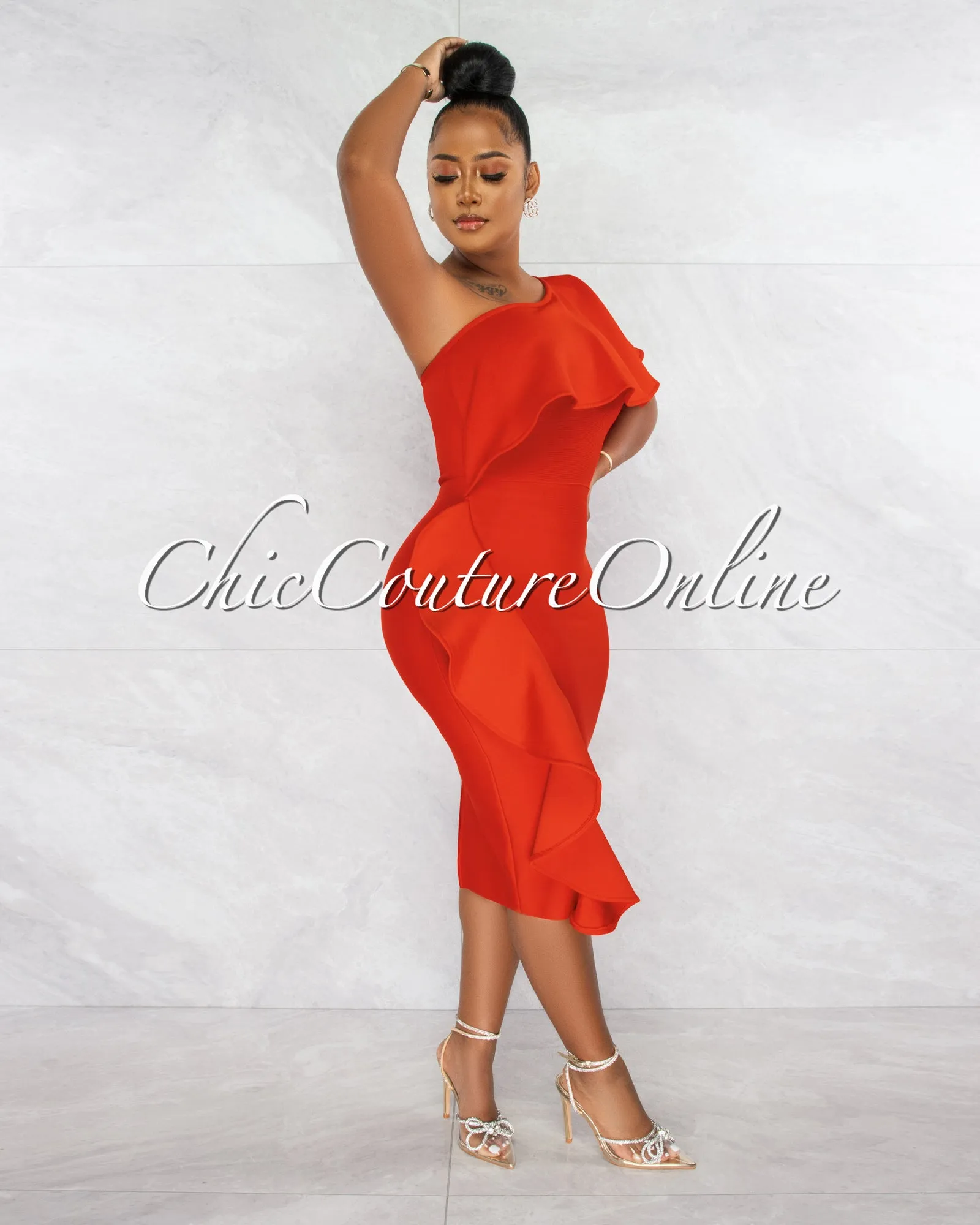 *Annette Red Single Shoulder Ruffle Bandage Midi Dress sold by Chic Couture product image thumbnail 3