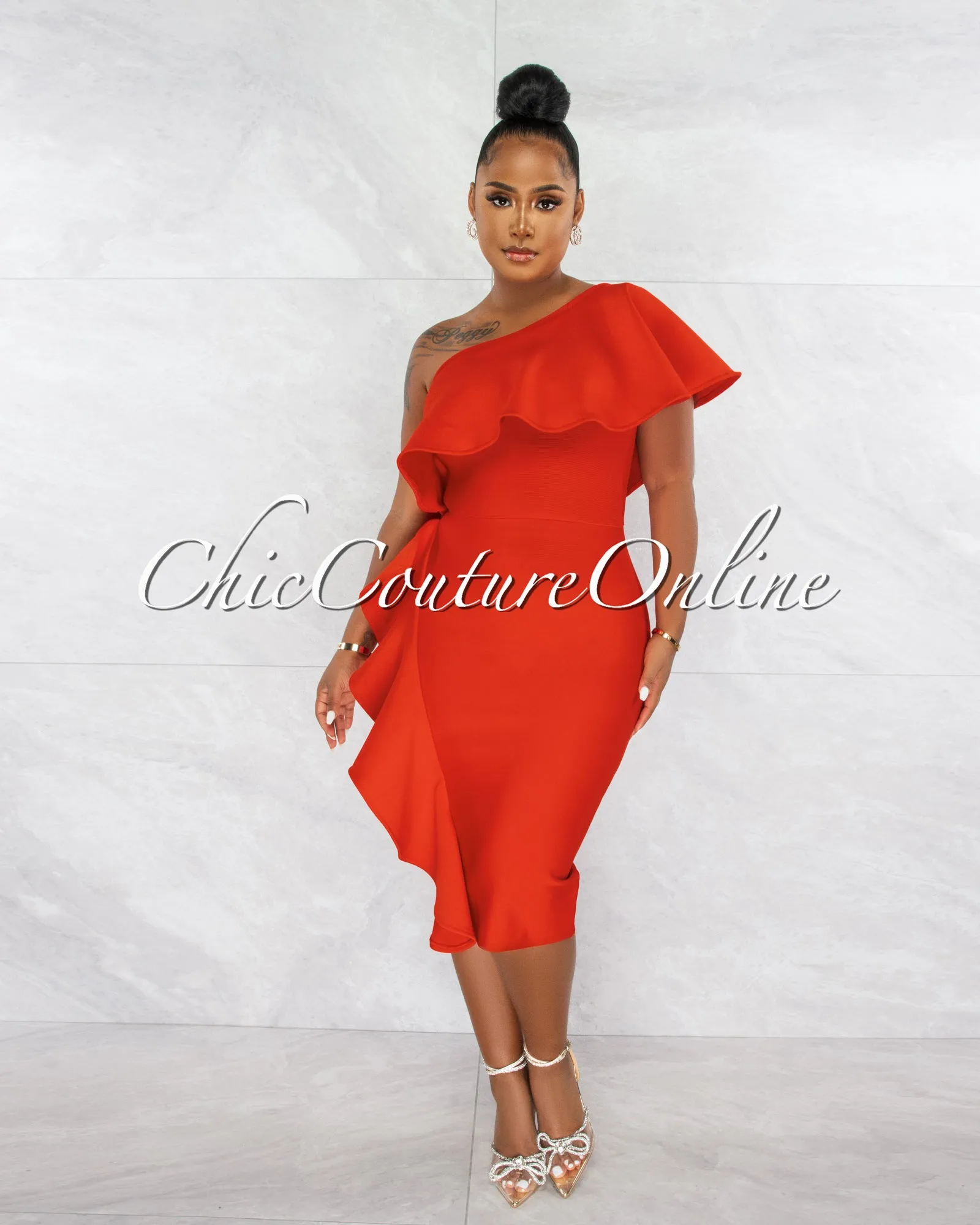 *Annette Red Single Shoulder Ruffle Bandage Midi Dress sold by Chic Couture