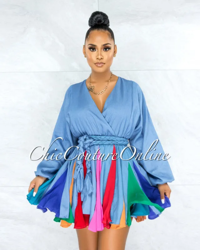 *Padamy Blue Chambray Multi-Color Pleated Bottom CURVACEOUS Dress sold by chic