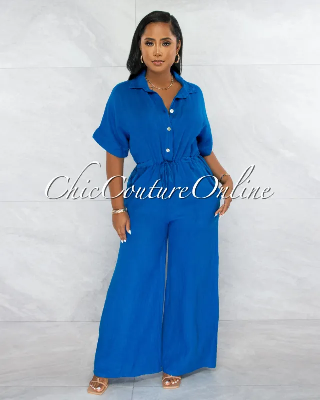 *Vivian Royal Blue Collared Neck Wide Legs LINEN Jumpsuit sold by Chic Couture