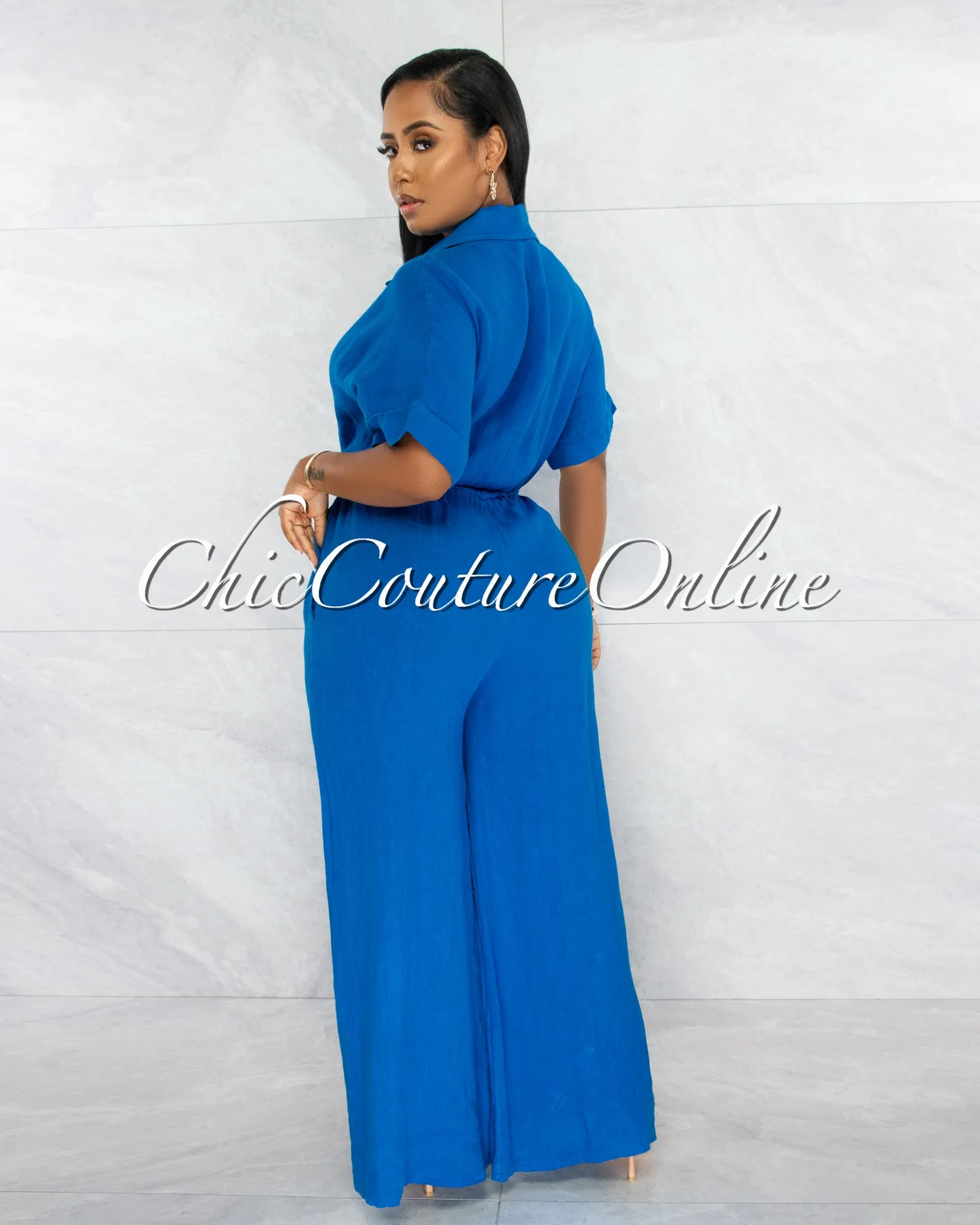 *Vivian Royal Blue Collared Neck Wide Legs LINEN Jumpsuit sold by Chic Couture product image thumbnail 3