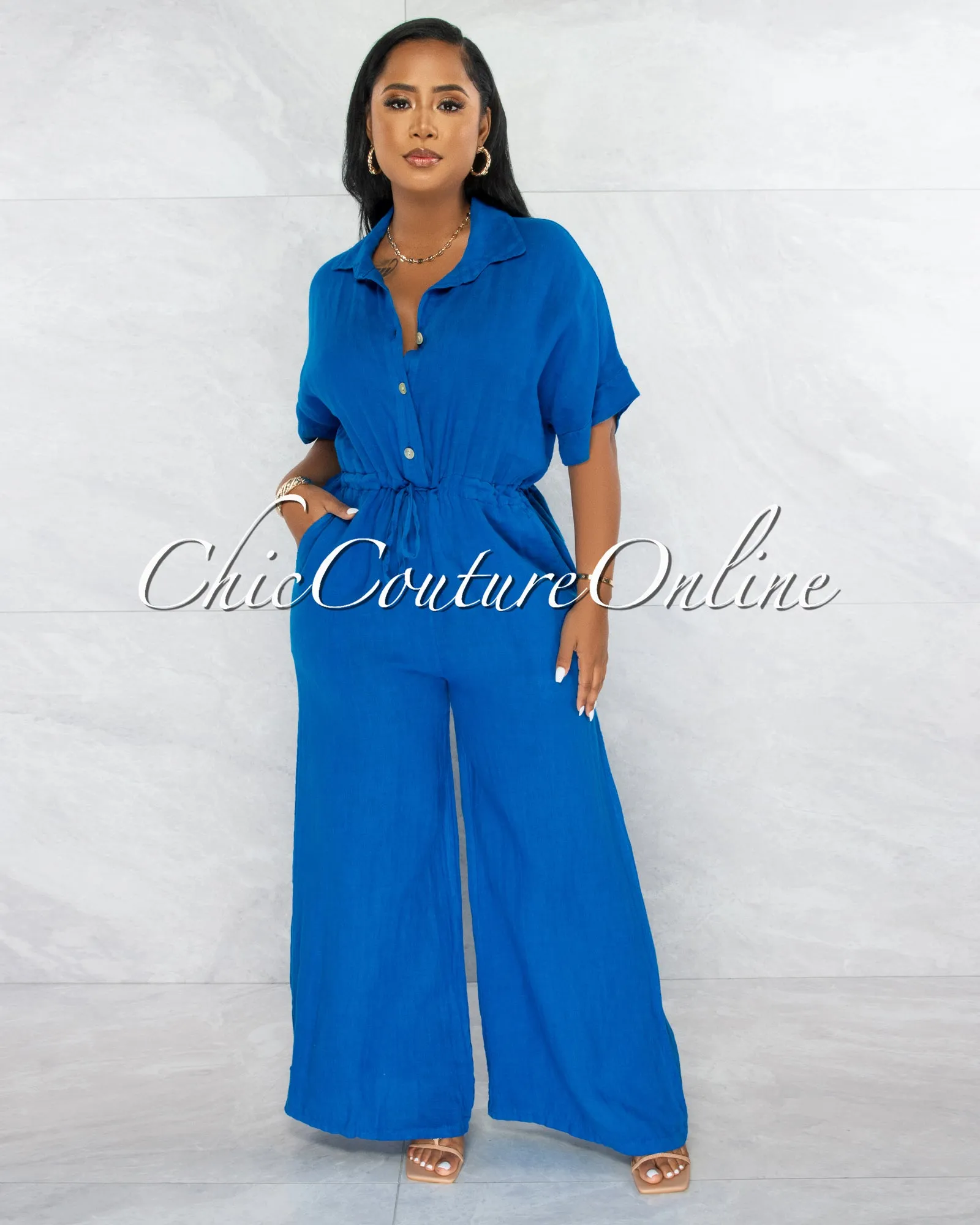 *Vivian Royal Blue Collared Neck Wide Legs LINEN Jumpsuit sold by Chic Couture product image thumbnail 2