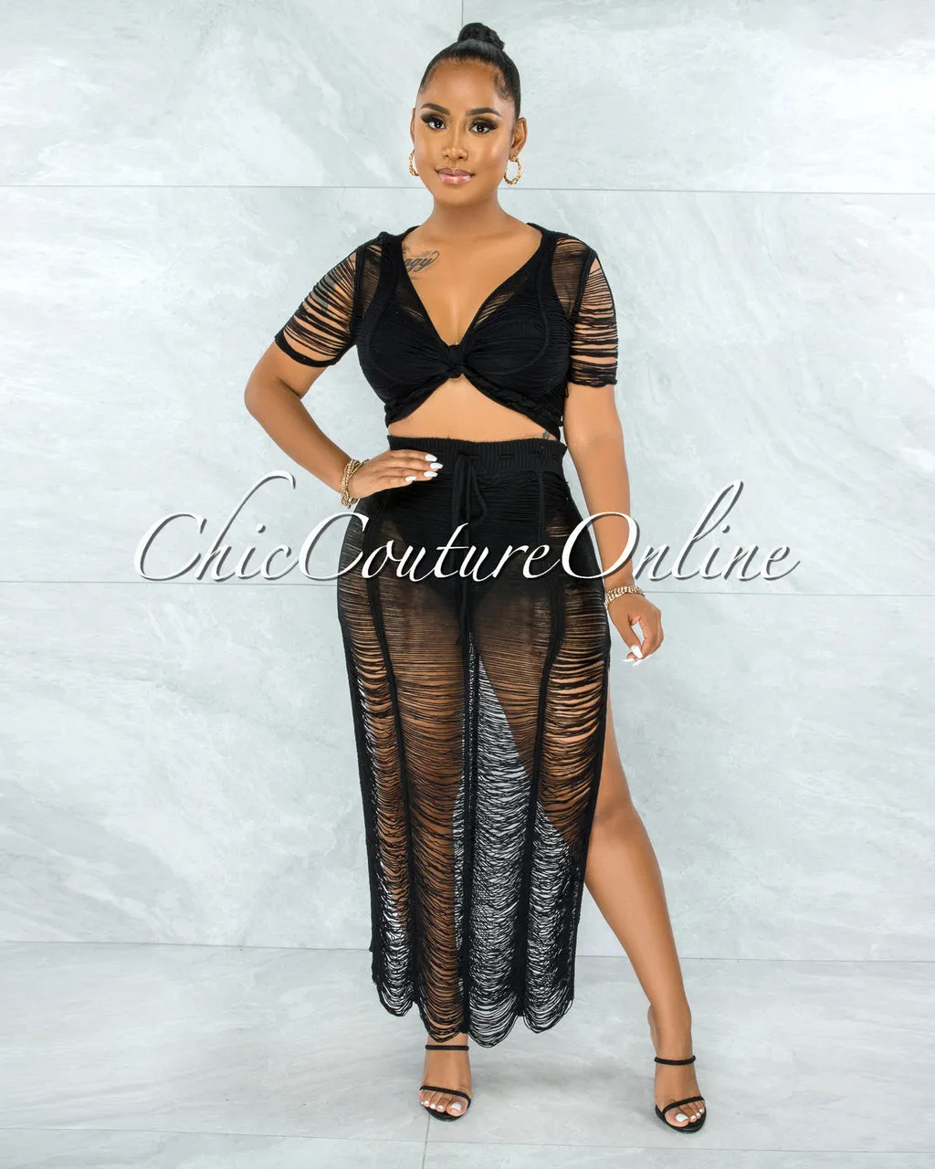 *Bulat Black Crochet Cover-Up Maxi Skirt Set sold by Chic Couture