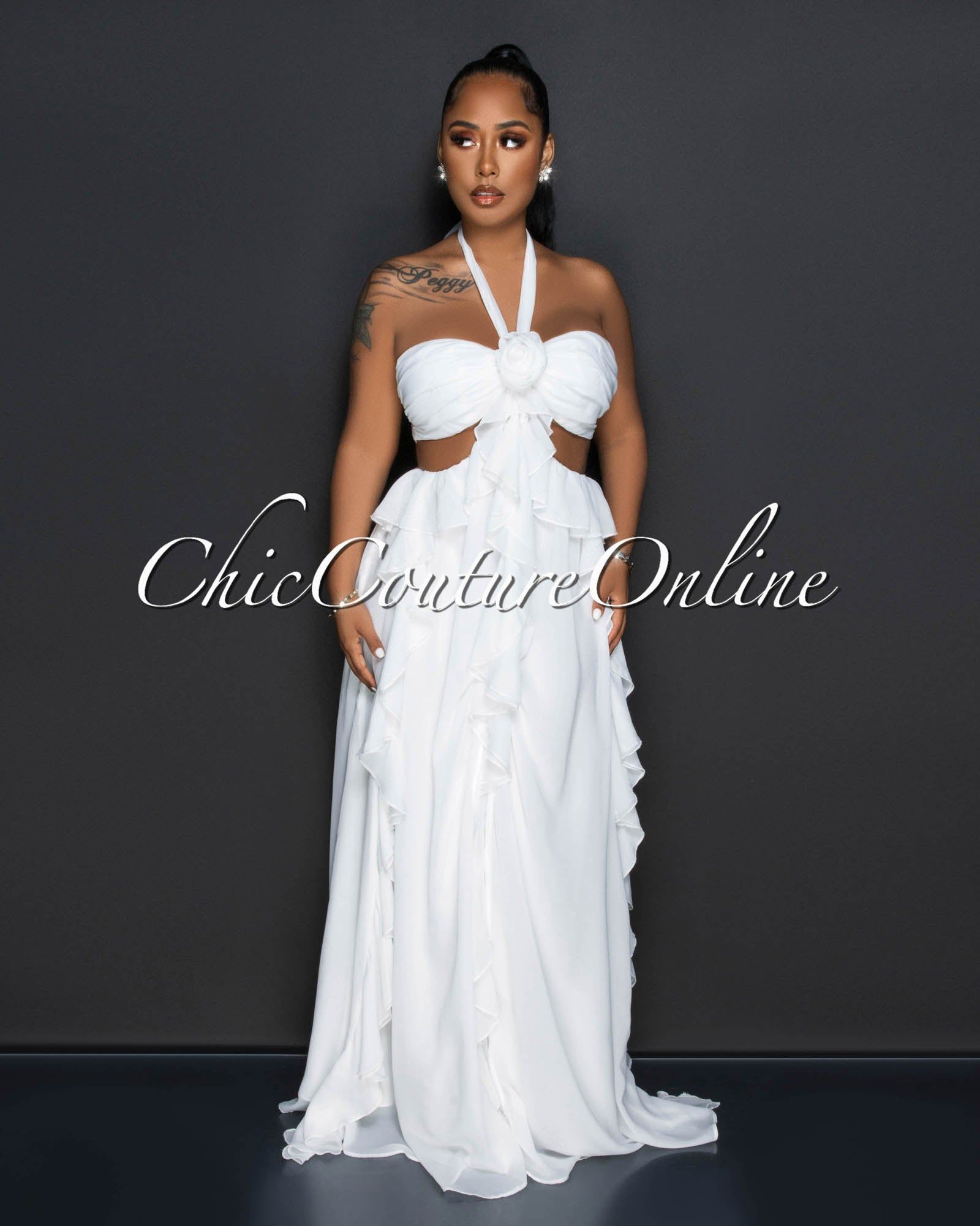 *Caprina Off-White Rose Accent Ruffle Maxi Dress sold by Chic Couture