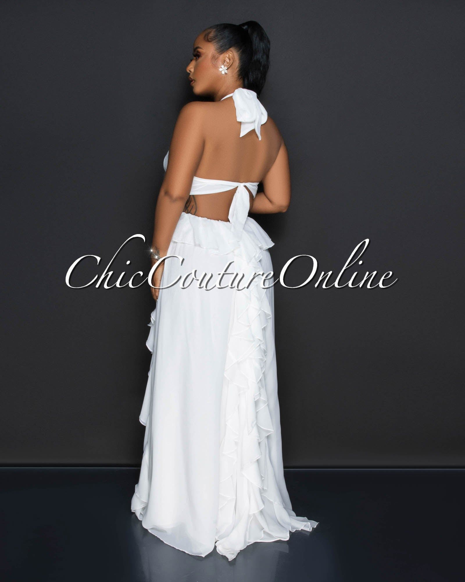 *Caprina Off-White Rose Accent Ruffle Maxi Dress sold by Chic Couture product image thumbnail 3