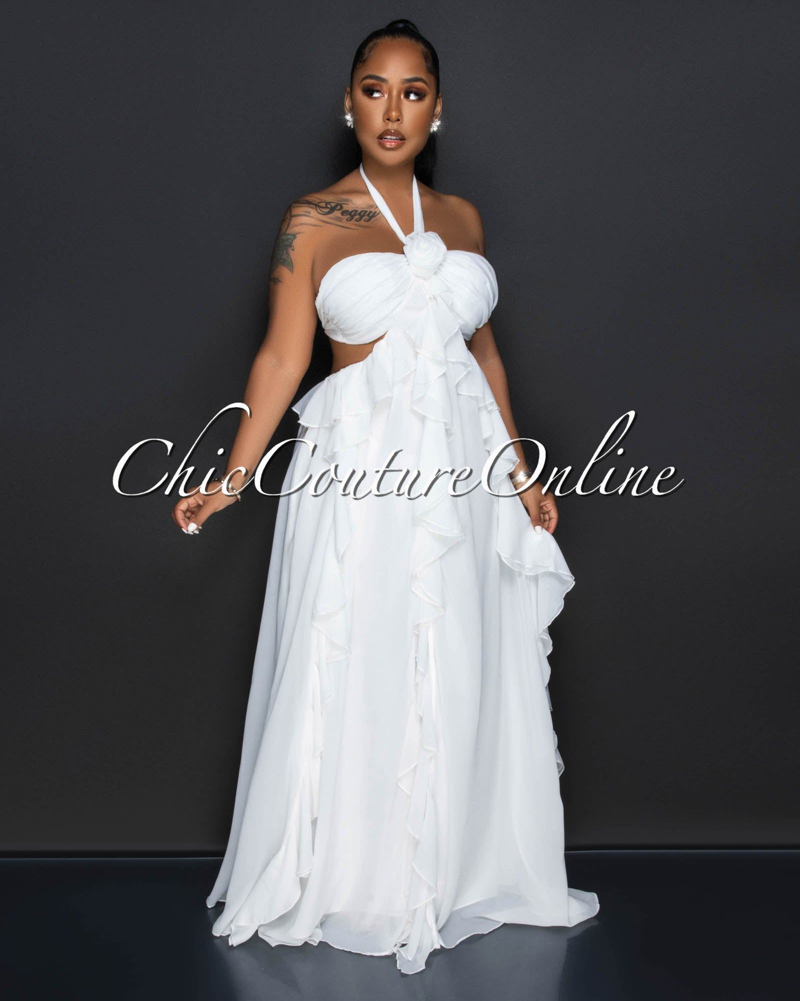 *Caprina Off-White Rose Accent Ruffle Maxi Dress sold by Chic Couture product image thumbnail 4