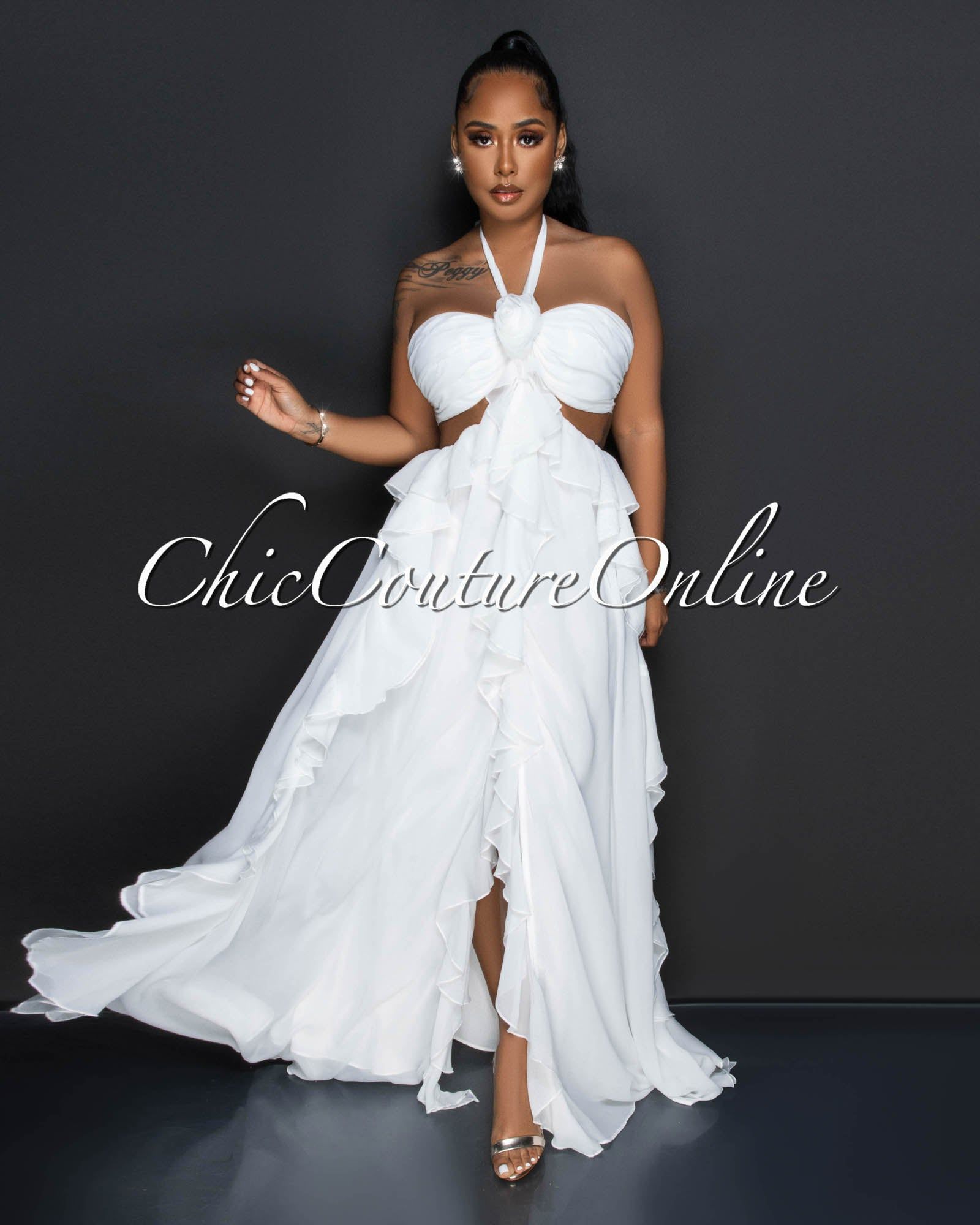 *Caprina Off-White Rose Accent Ruffle Maxi Dress sold by Chic Couture product image thumbnail 2