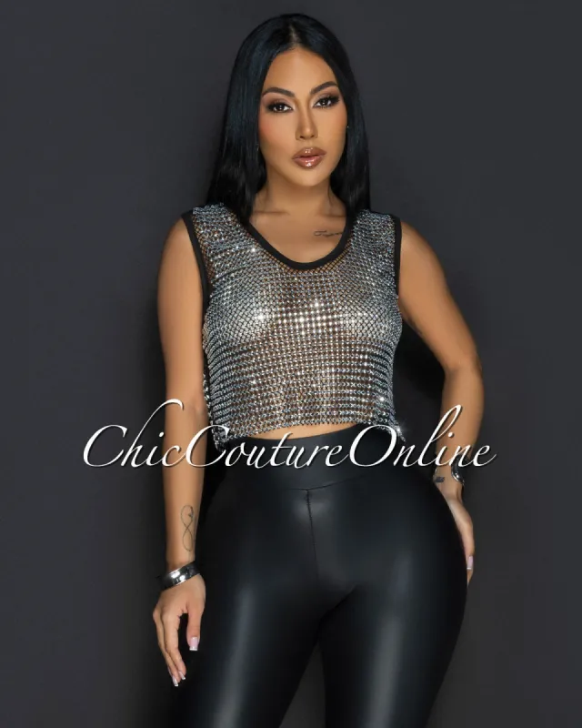 Vazy Black Rhinestones Mesh Top sold by Chic Couture