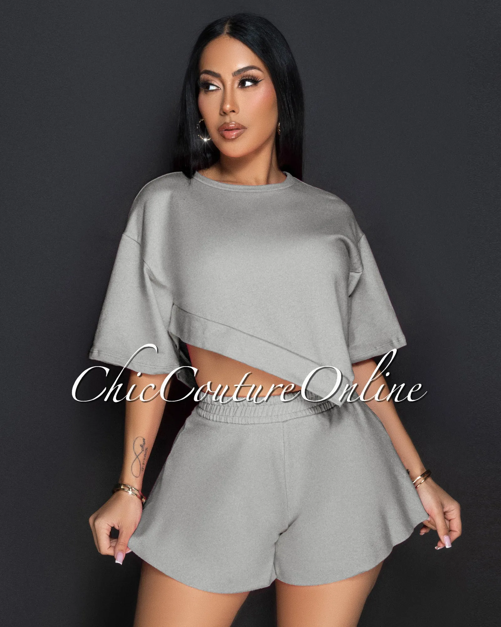 Karena Grey Assymetrical Crop Top & Hi Lo Shorts Sporty Set sold by Chic Couture product image thumbnail 2