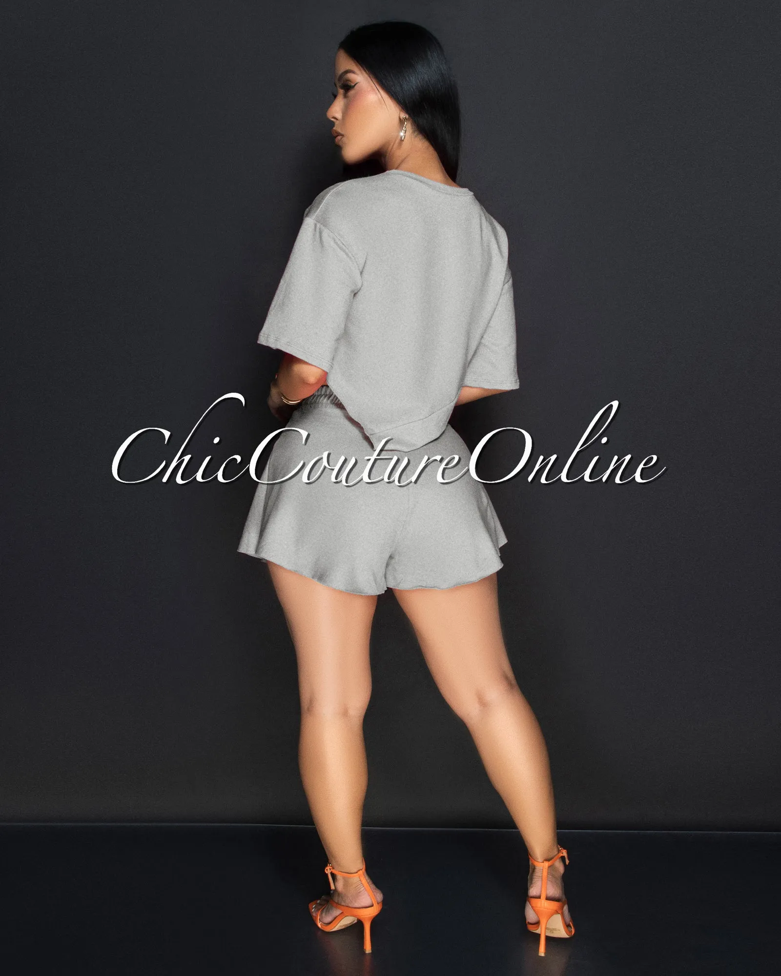Karena Grey Assymetrical Crop Top & Hi Lo Shorts Sporty Set sold by Chic Couture product image thumbnail 3