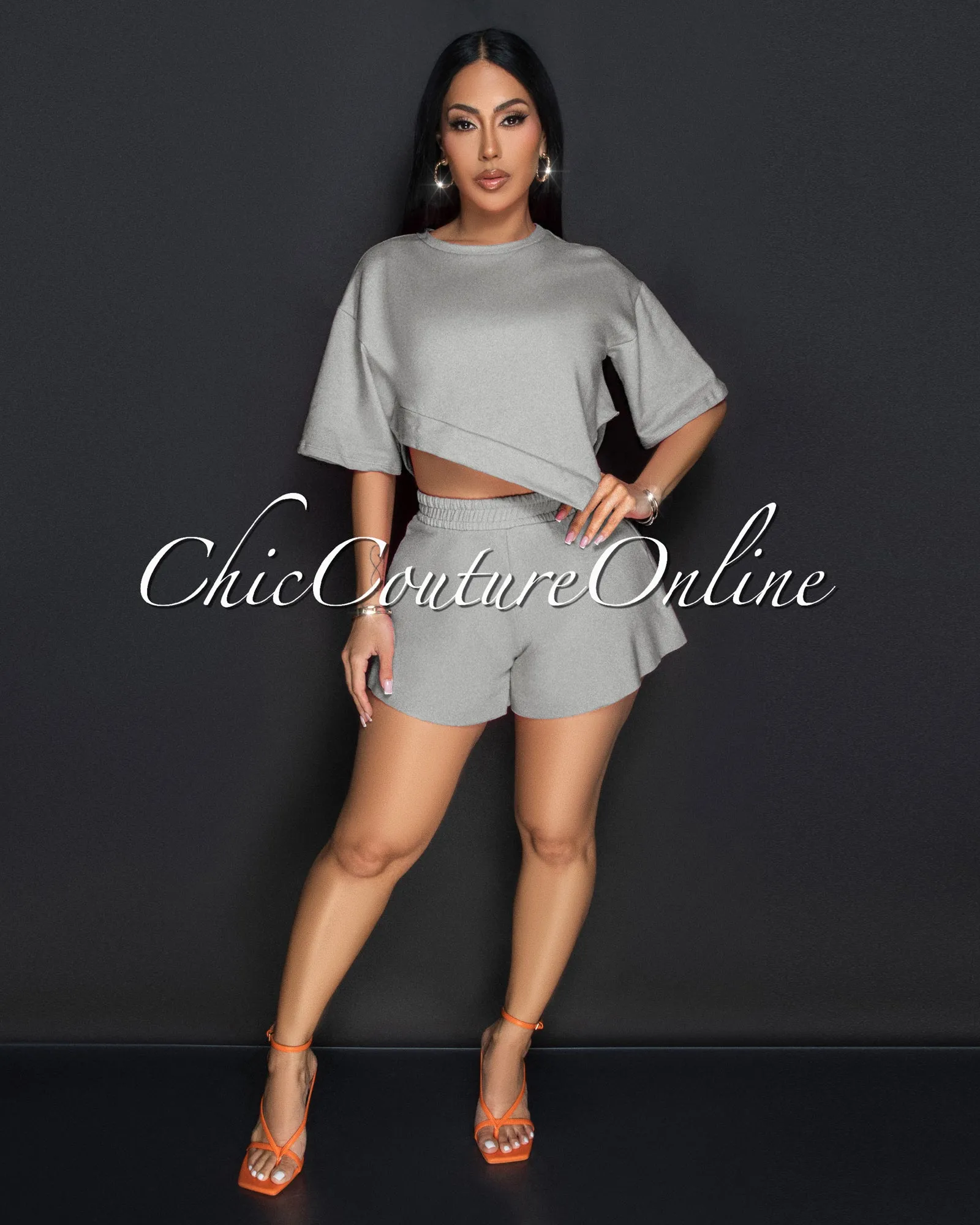 Karena Grey Assymetrical Crop Top & Hi Lo Shorts Sporty Set sold by Chic Couture