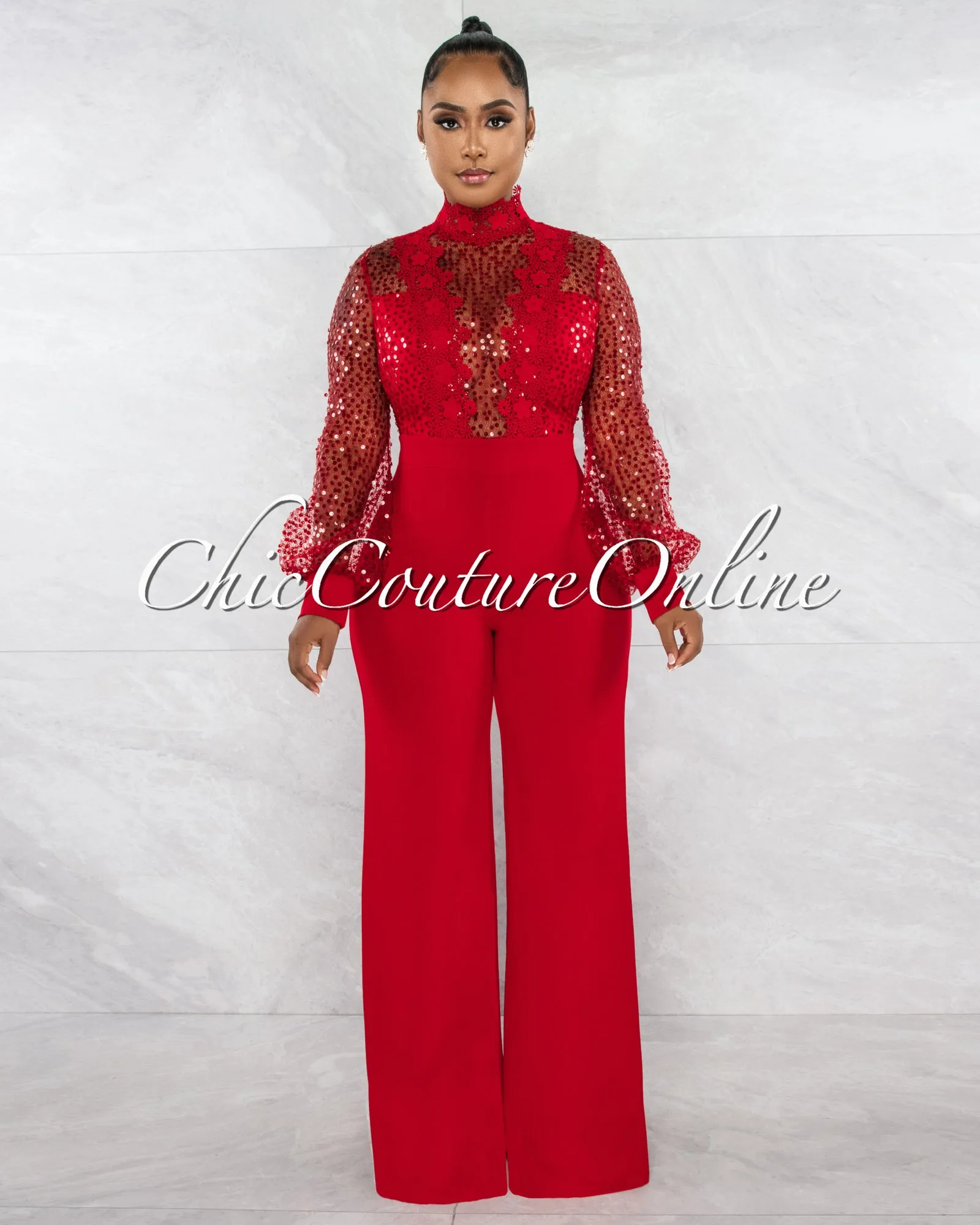 *Nigelia Red Net Sequins Crochet Top Jumpsuit sold by Chic Couture product image thumbnail 3