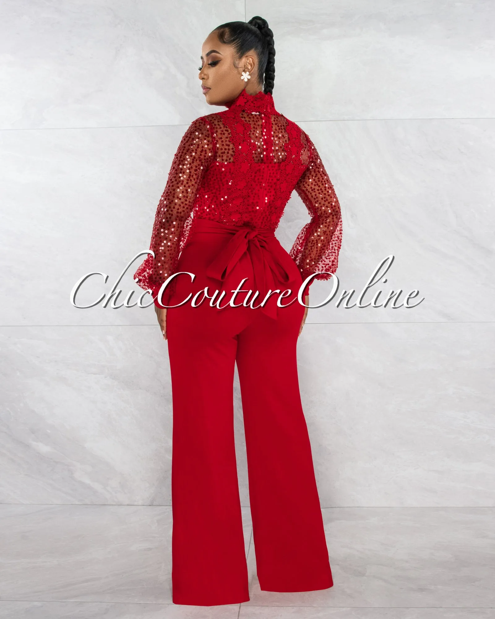 *Nigelia Red Net Sequins Crochet Top Jumpsuit sold by Chic Couture product image thumbnail 4