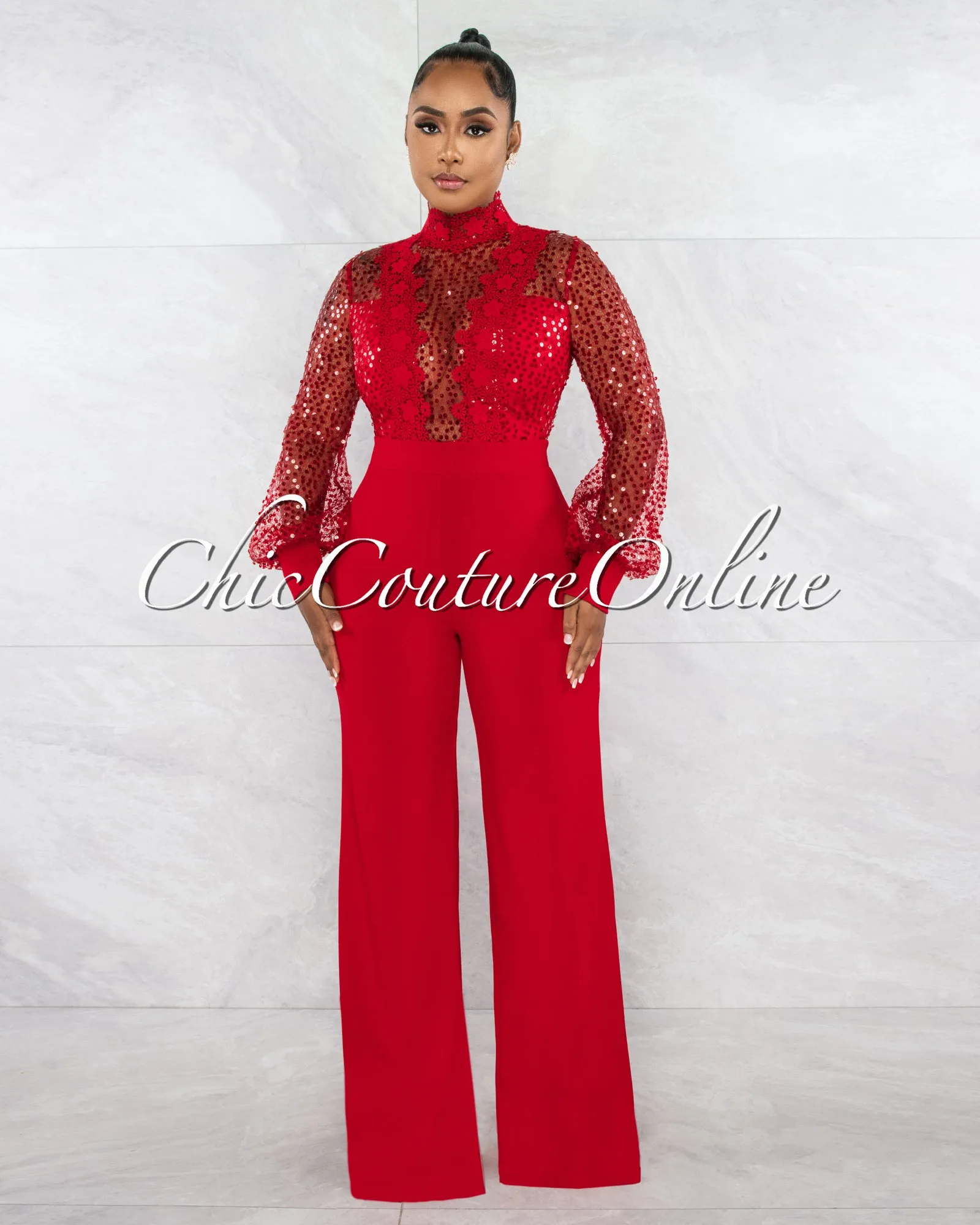 *Nigelia Red Net Sequins Crochet Top Jumpsuit sold by Chic Couture