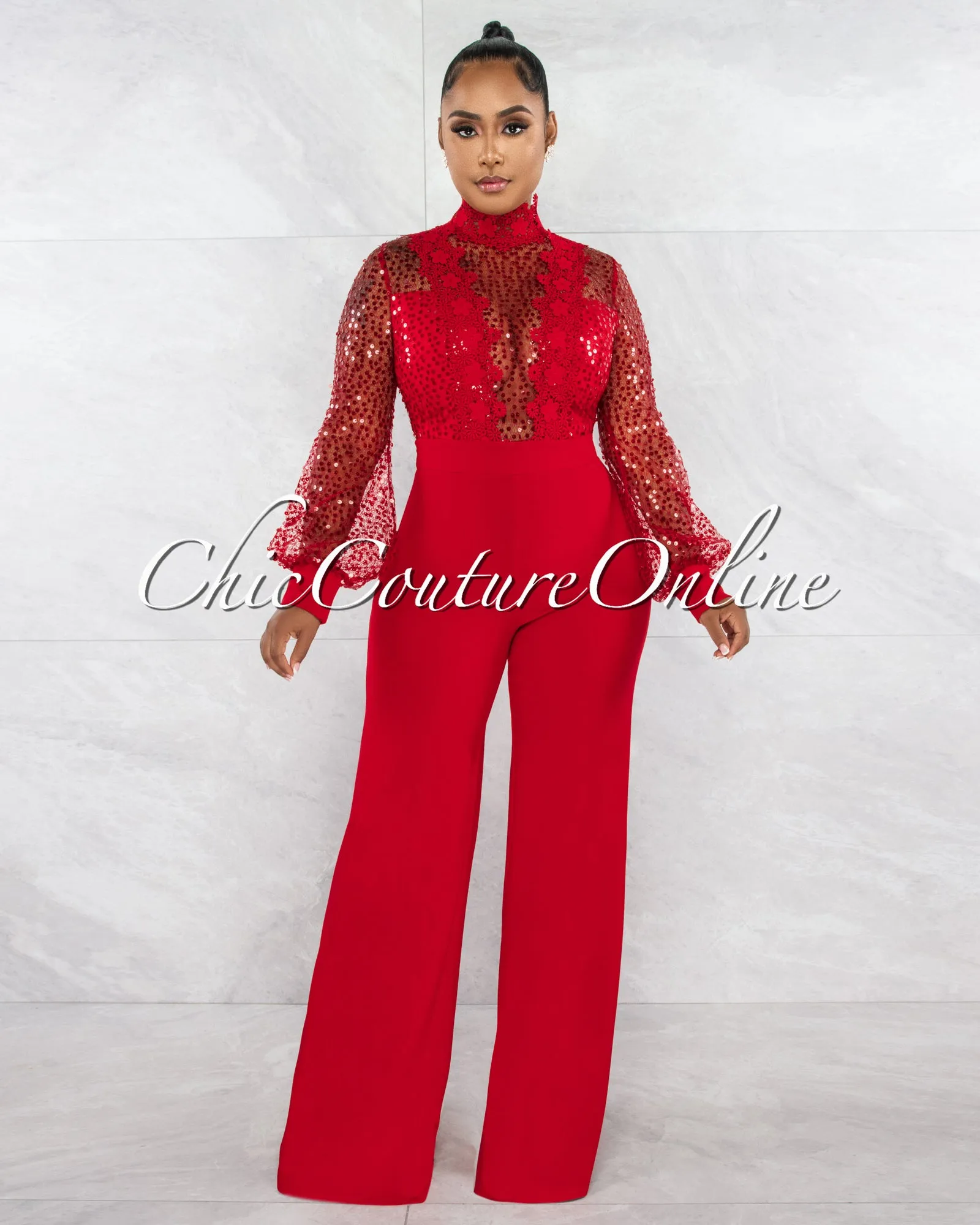 *Nigelia Red Net Sequins Crochet Top Jumpsuit sold by Chic Couture product image thumbnail 2