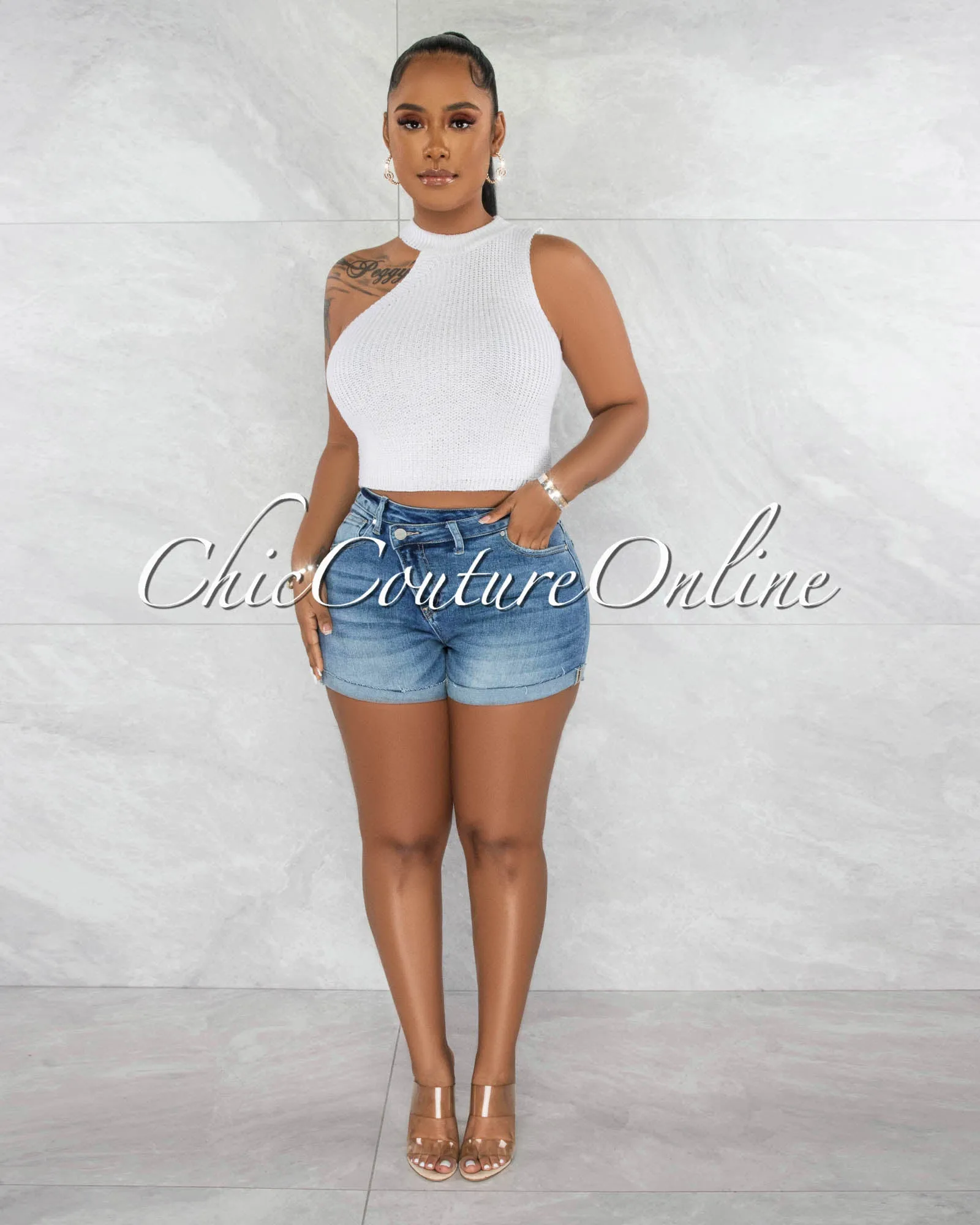 *Harisa Off-White Knit Asymmetrical Neckline Crop Top sold by Chic Couture product image thumbnail 2