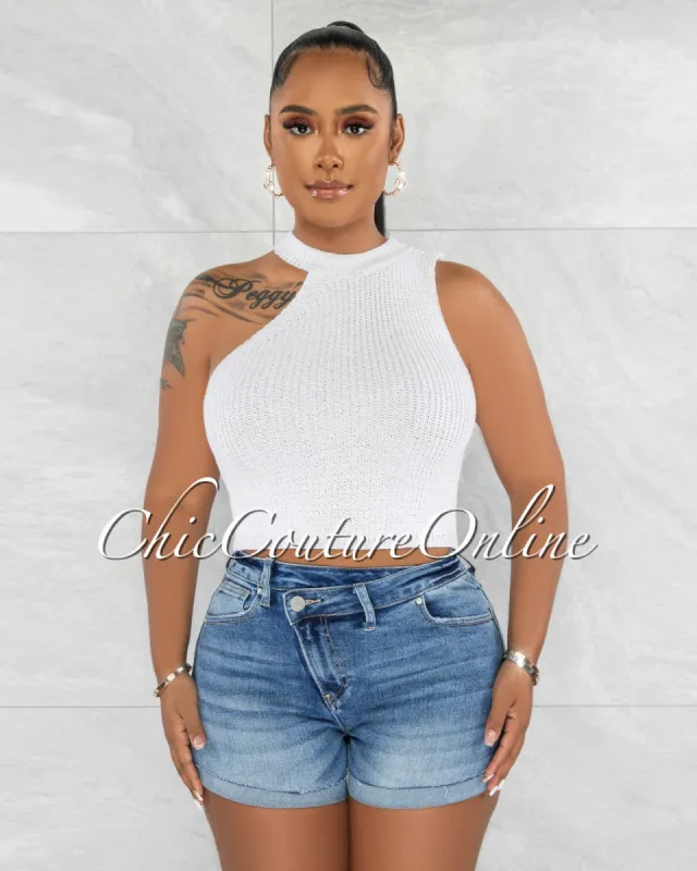 *Harisa Off-White Knit Asymmetrical Neckline Crop Top sold by Chic Couture
