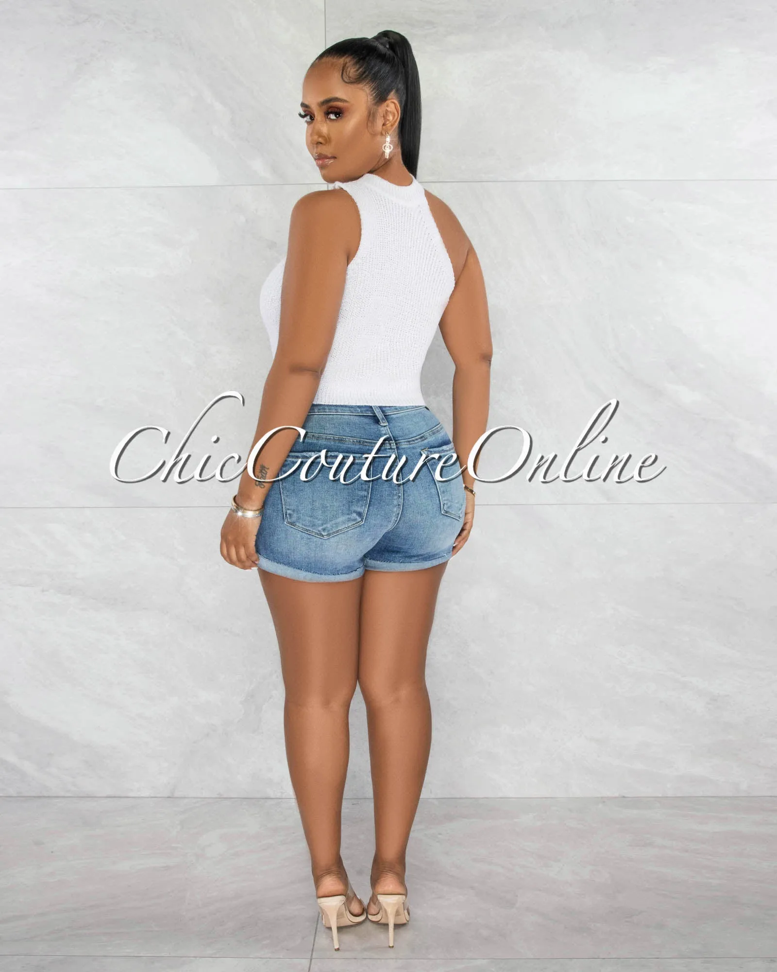 *Harisa Off-White Knit Asymmetrical Neckline Crop Top sold by Chic Couture product image thumbnail 3