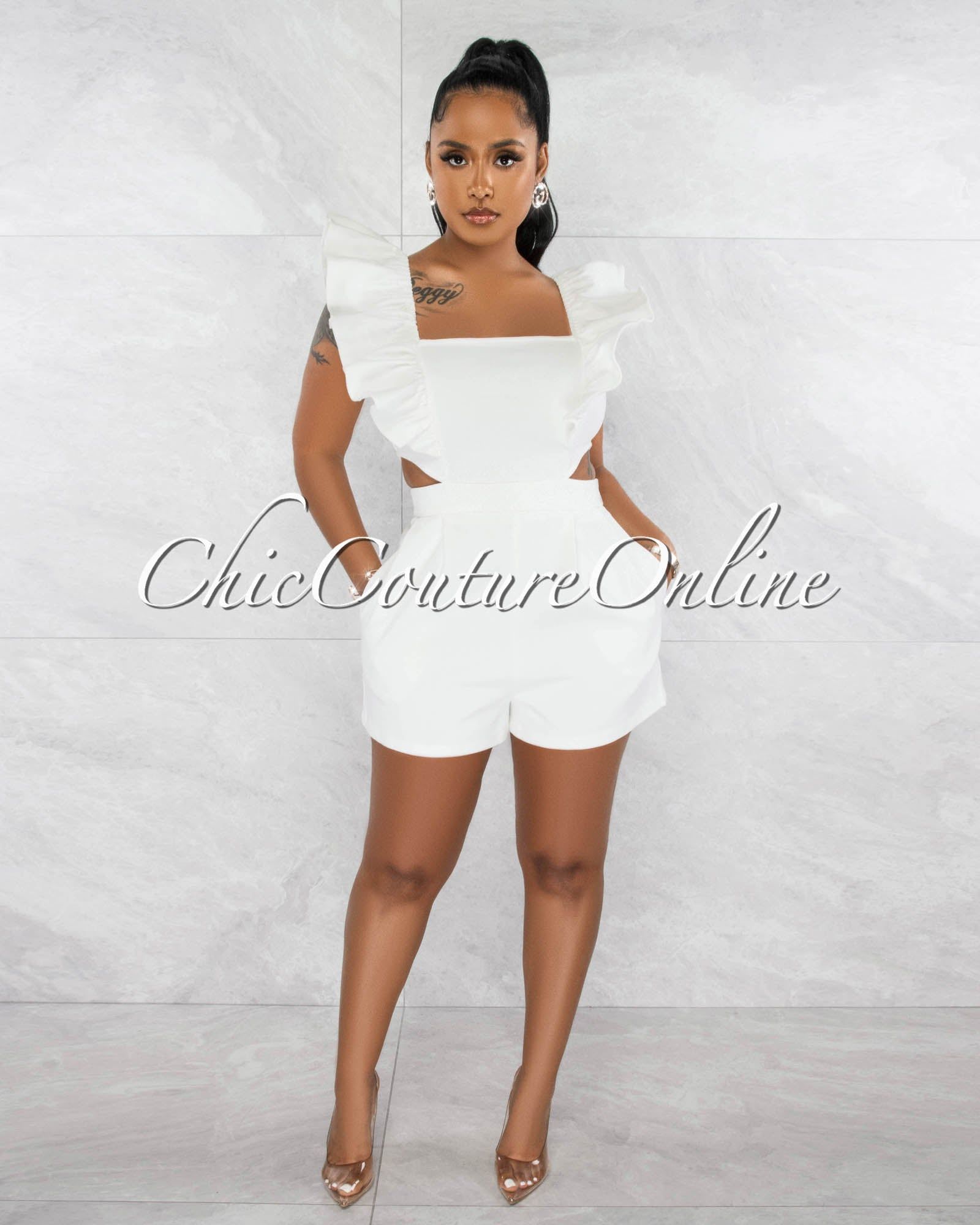 Randy Off-White Ruffle Cut-Out Denim Romper sold by Chic Couture product image thumbnail 2