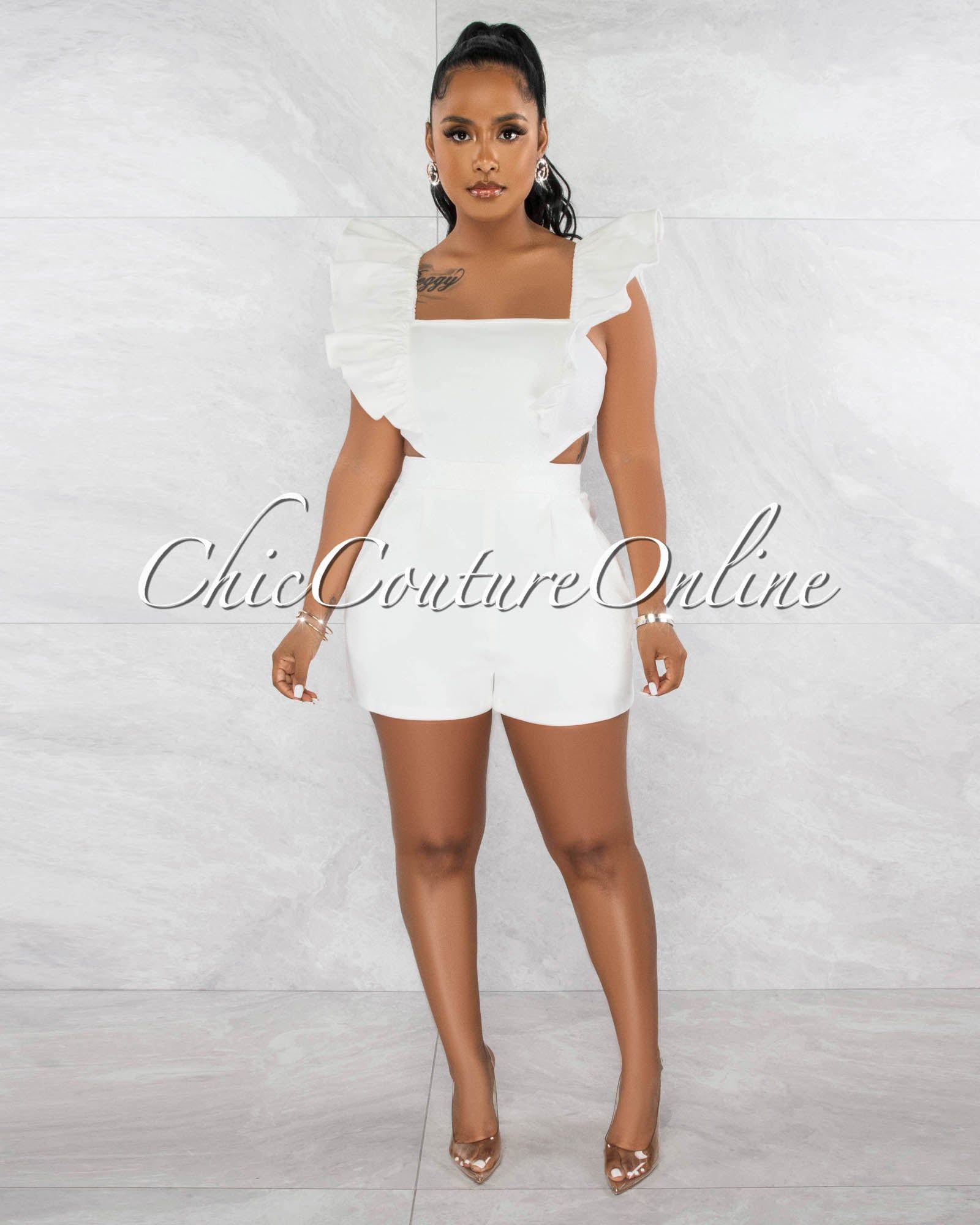Randy Off-White Ruffle Cut-Out Denim Romper sold by Chic Couture product image thumbnail 3