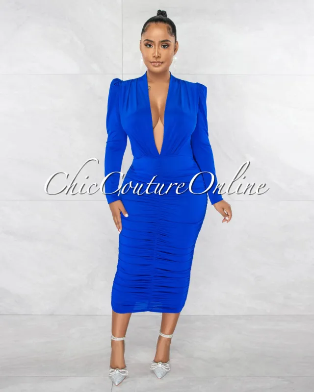 *Yelena Royal Blue Deep V-Neck Ruched Midi Dress sold by Chic Couture