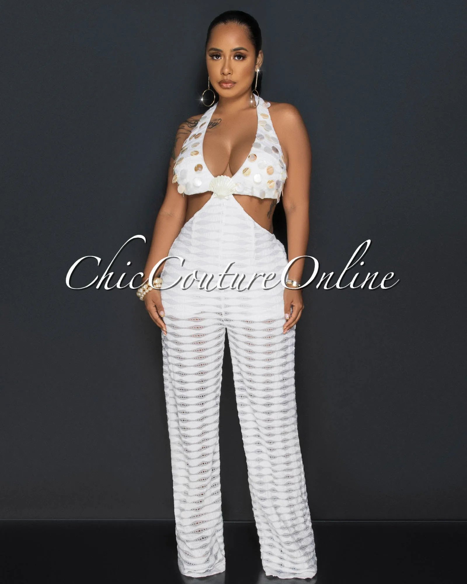 Liddie Cream Crochet Halter Top Jumpsuit sold by Chic Couture