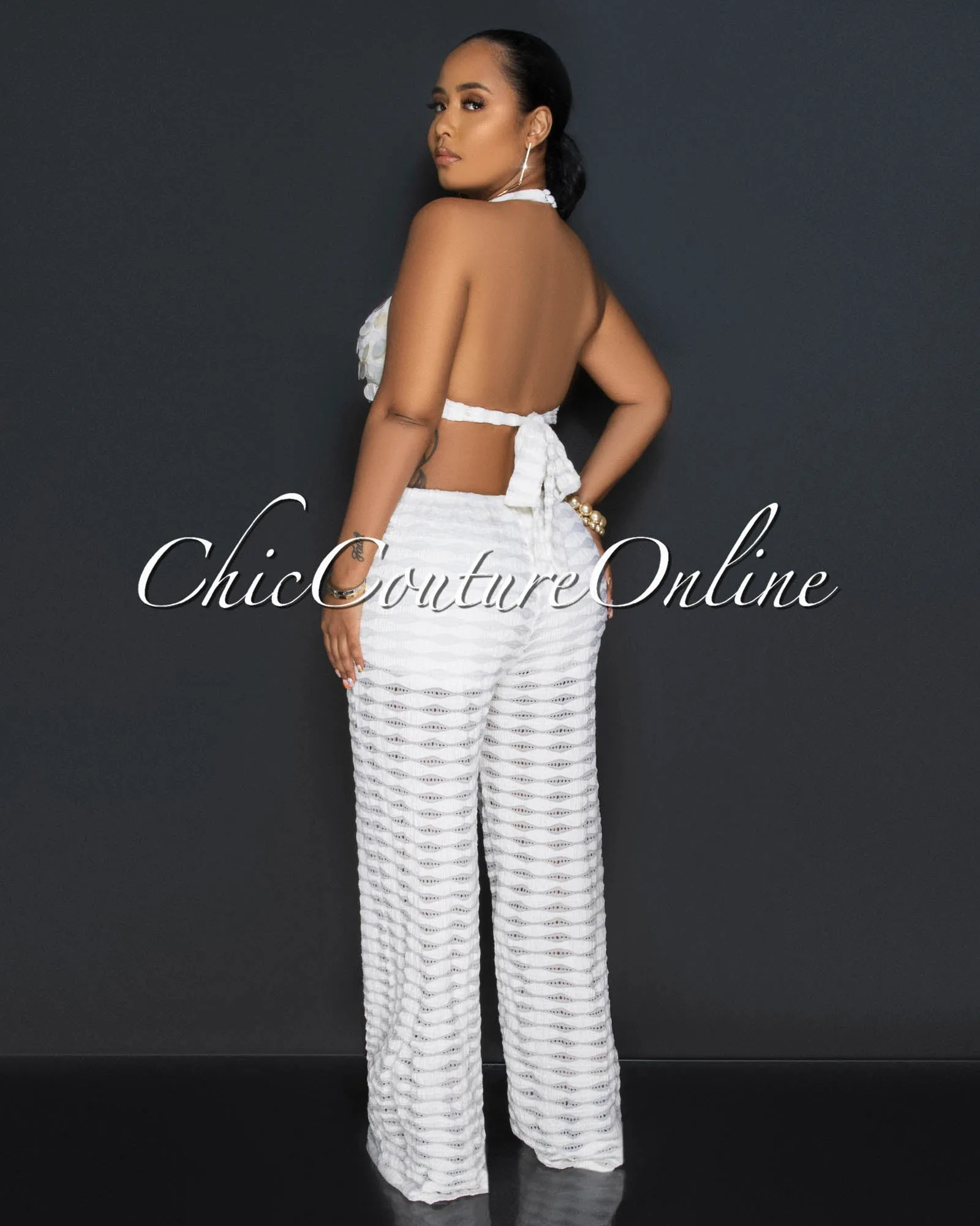 Liddie Cream Crochet Halter Top Jumpsuit sold by Chic Couture product image thumbnail 3