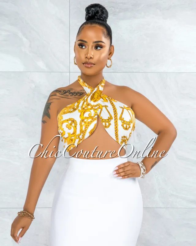 *Gilboa White Gold Chain Print Multi-Way Halter Crop Top sold by Chic Couture