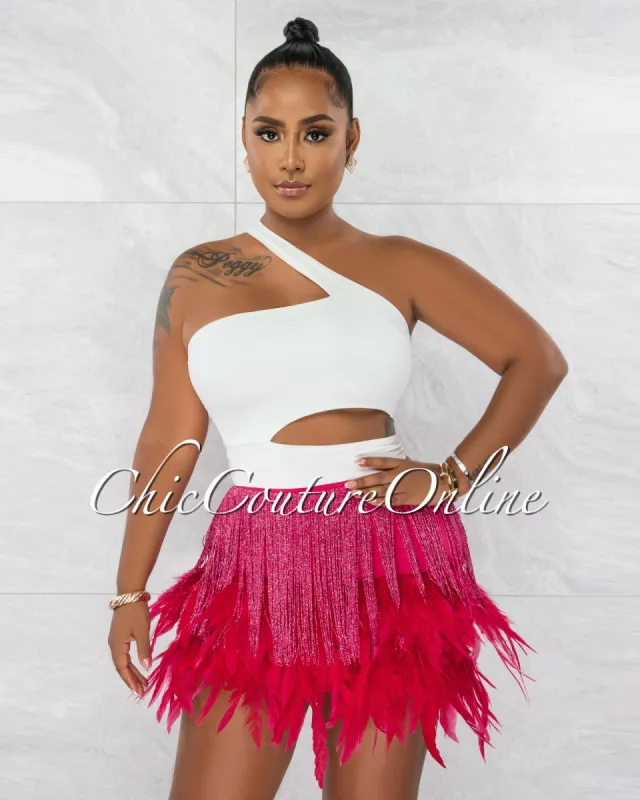 *Lehava Fuchsia Fringe & Feathers Mini Skirt sold by Chic Couture