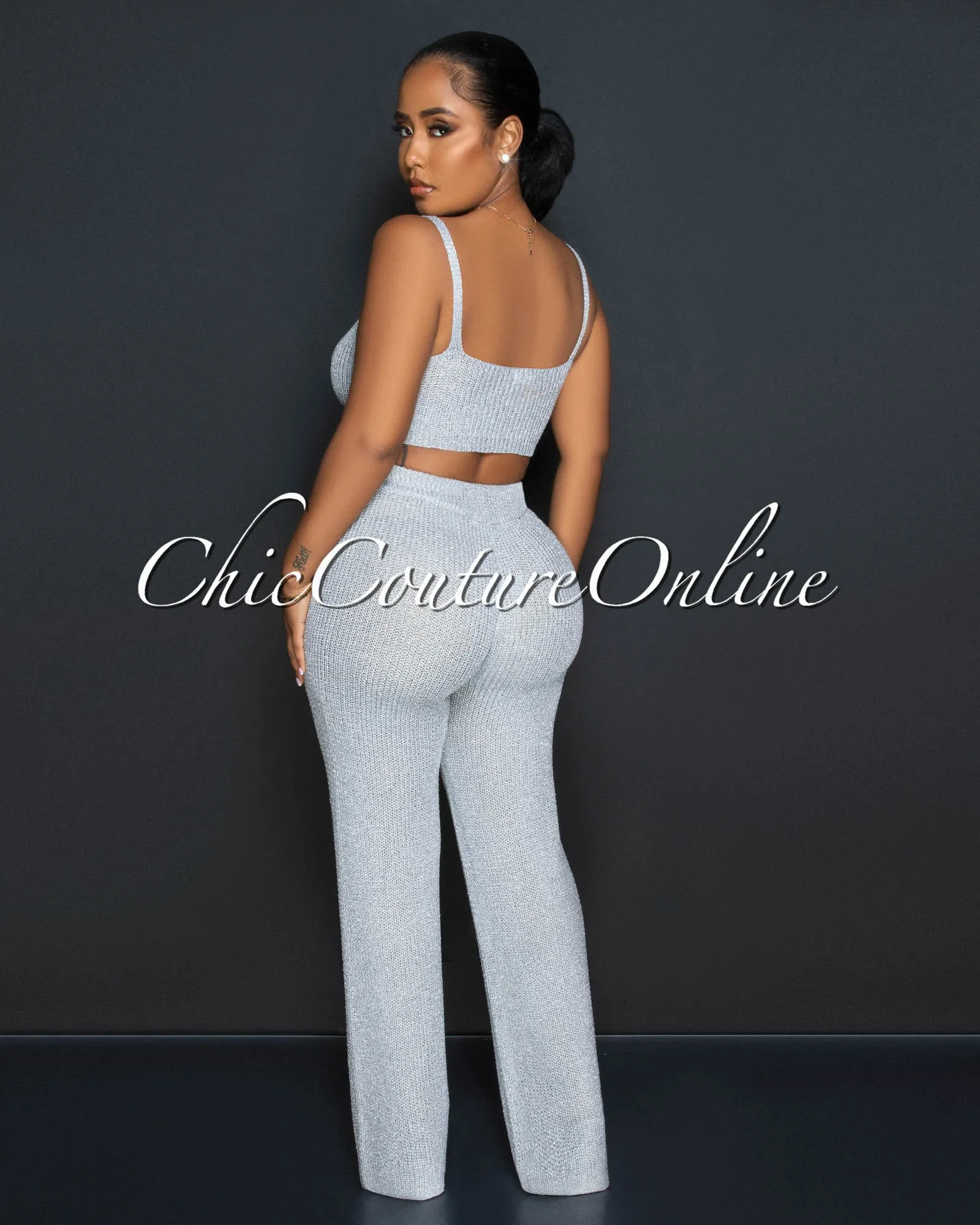 *Desia Silver Crop Top & Pants Crochet Shimmer Set sold by Chic Couture product image thumbnail 3
