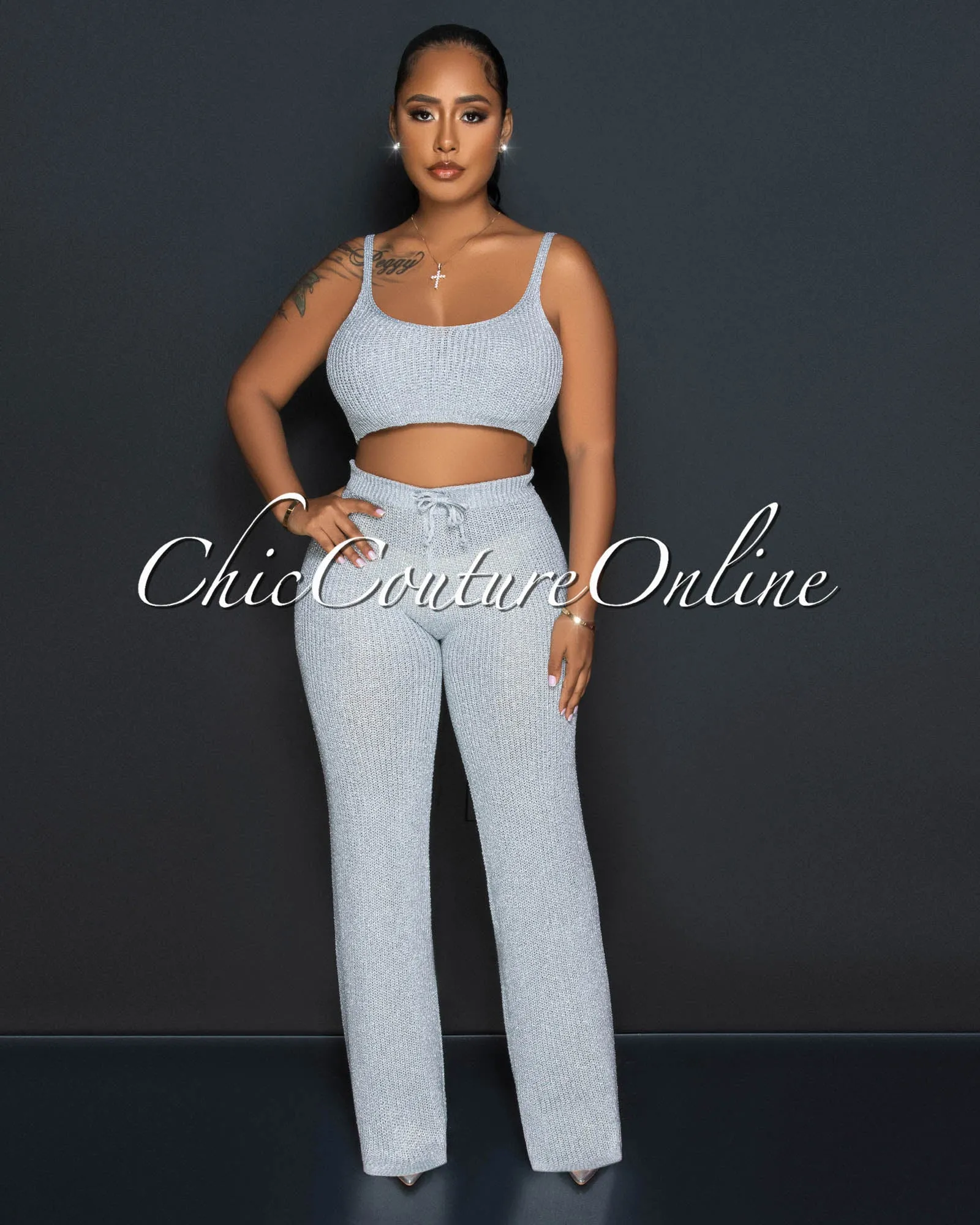 *Desia Silver Crop Top & Pants Crochet Shimmer Set sold by Chic Couture
