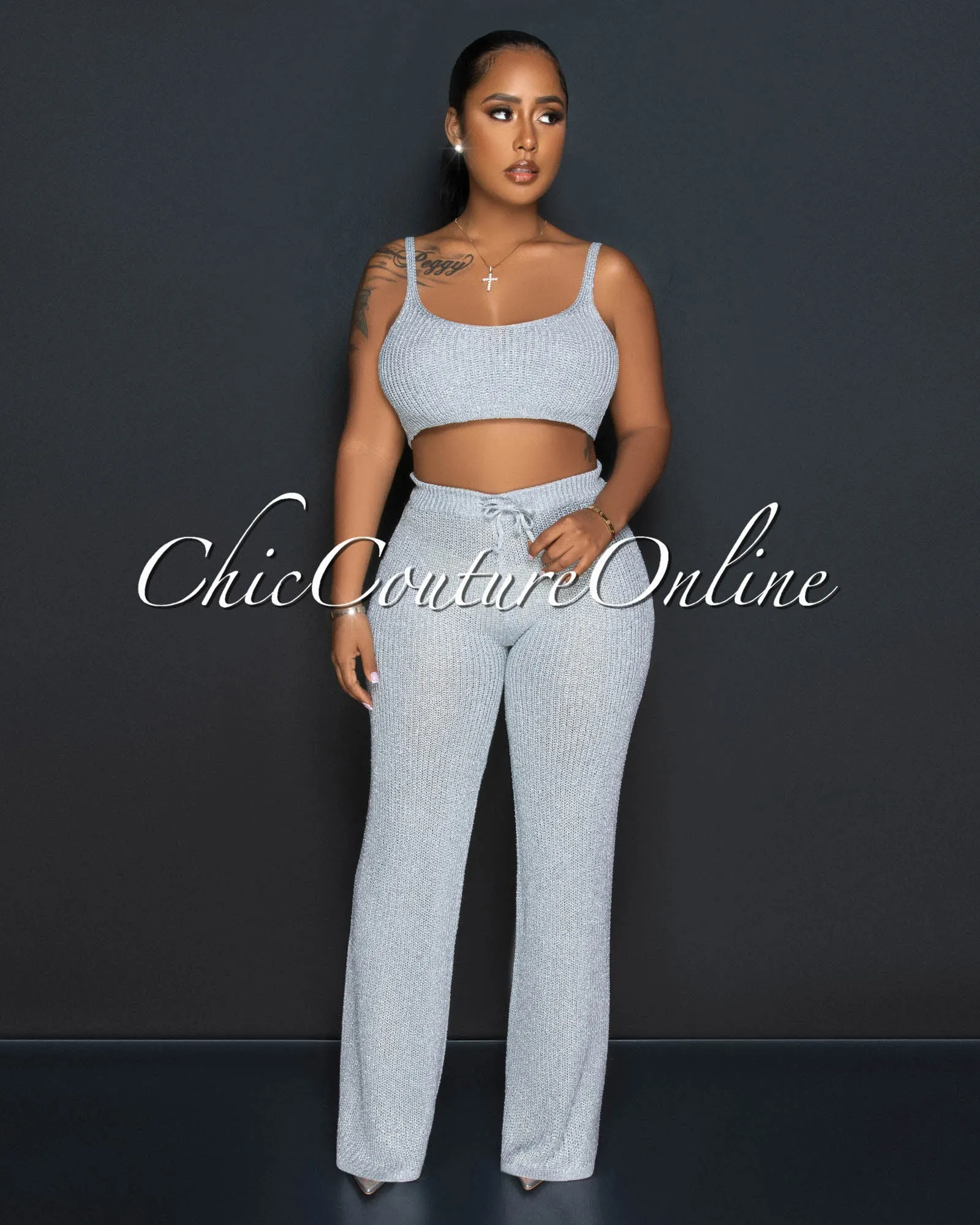 *Desia Silver Crop Top & Pants Crochet Shimmer Set sold by Chic Couture product image thumbnail 2
