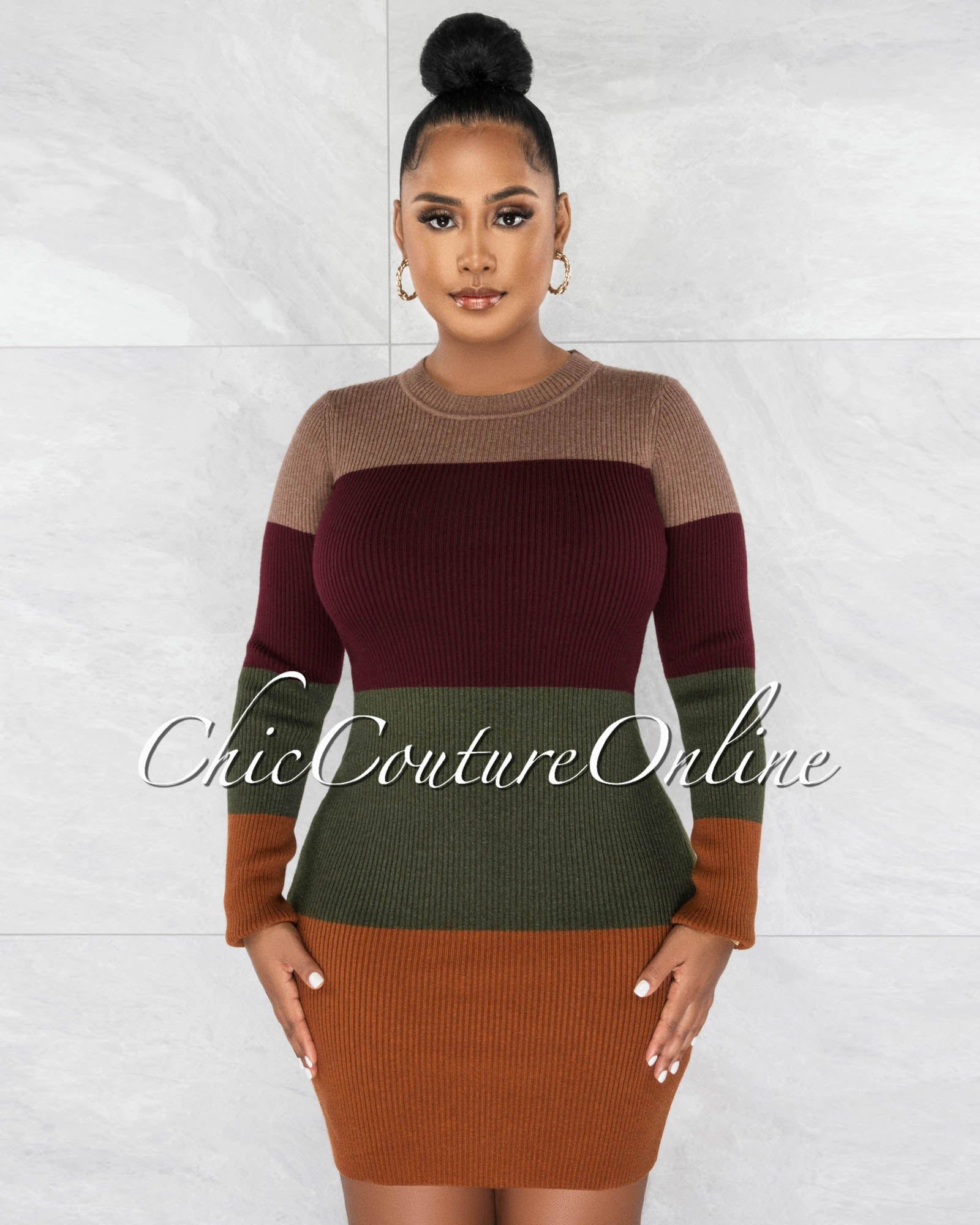 Temela Brown Olive Green Color Block Ribbed Dress sold by Chic Couture