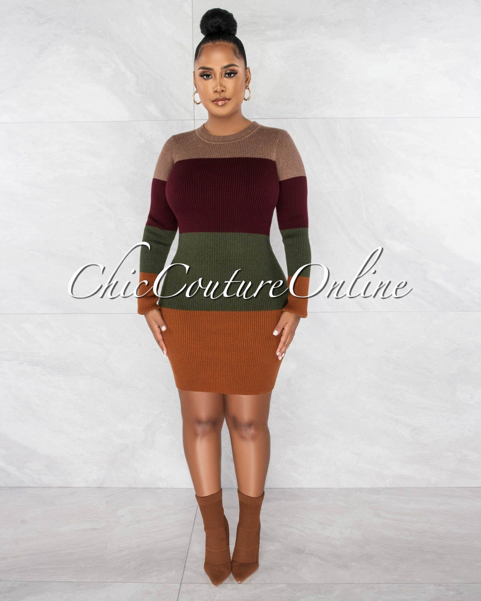 Temela Brown Olive Green Color Block Ribbed Dress sold by Chic Couture product image thumbnail 2