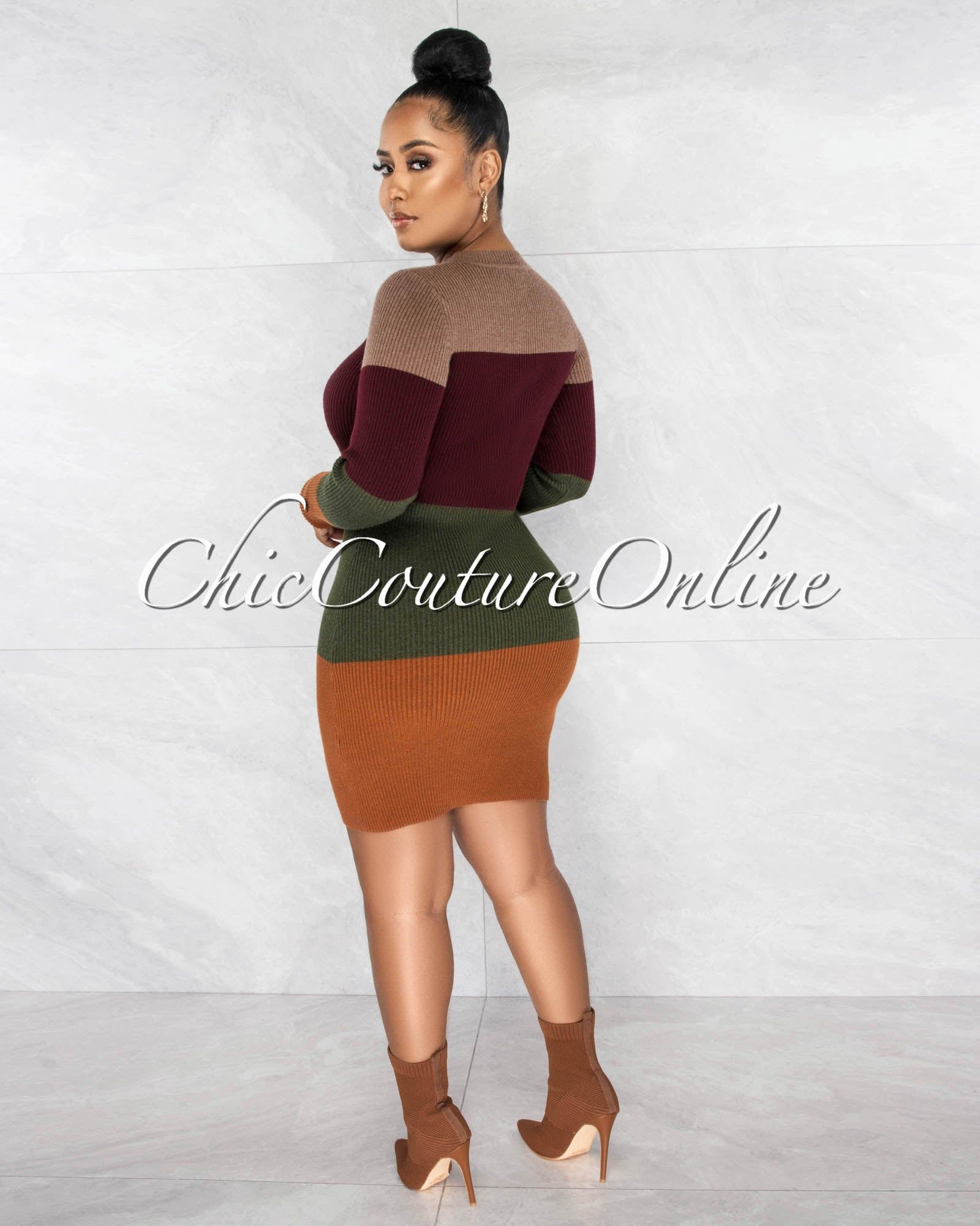 Temela Brown Olive Green Color Block Ribbed Dress sold by Chic Couture product image thumbnail 3