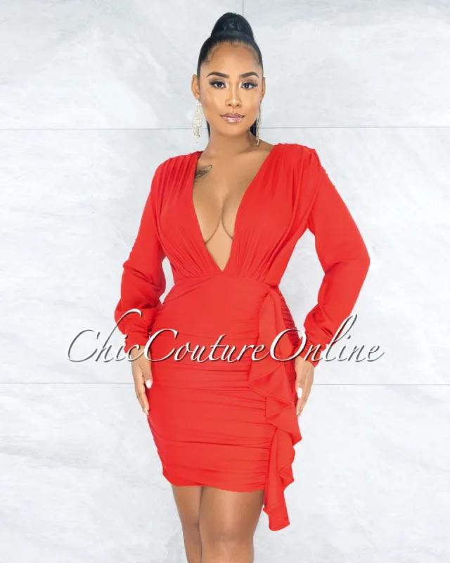 *Jaddua Red Plunging V-Neck Draped Ruffle Dress sold by chic