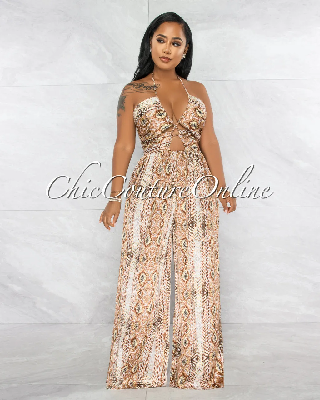 *Gusty Brown Snake Print Lace-Up Satin Jumpsuit sold by Chic Couture product image thumbnail 3