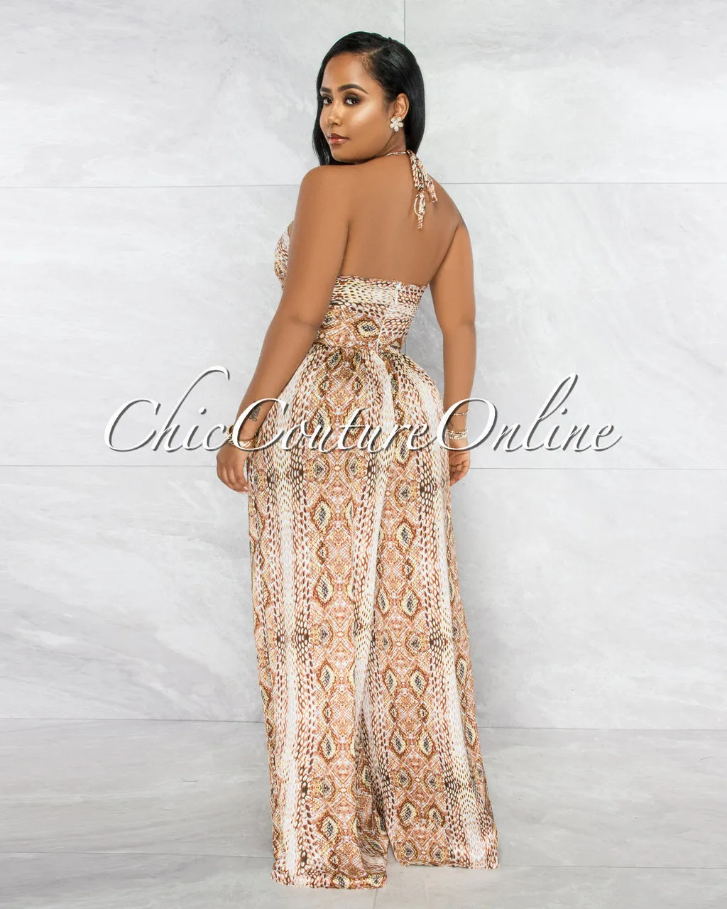*Gusty Brown Snake Print Lace-Up Satin Jumpsuit sold by Chic Couture product image thumbnail 4