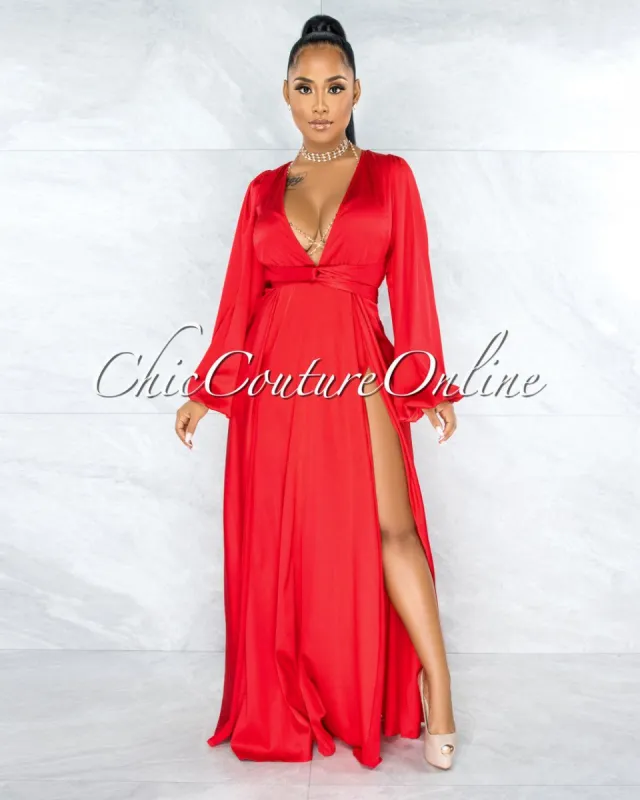 Dorion Red Dramatic Double Slit Silky Maxi Dress sold by chic