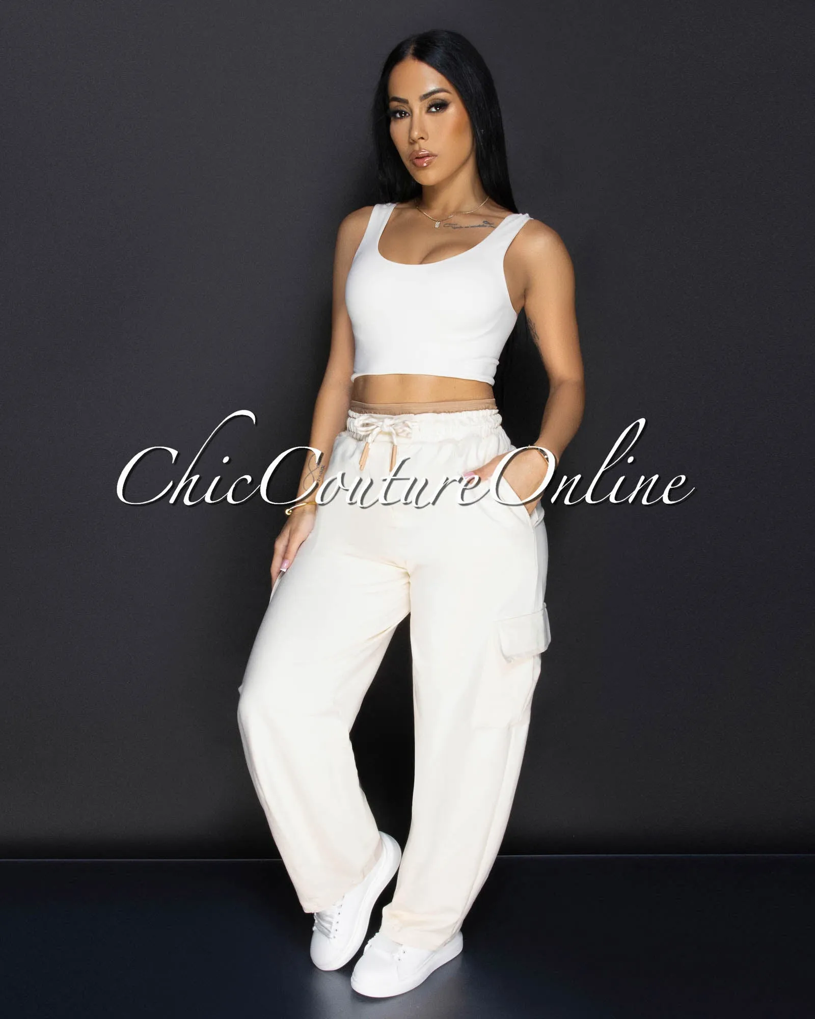 Rubin Beige Nude Cargo Sweatpants sold by Chic Couture