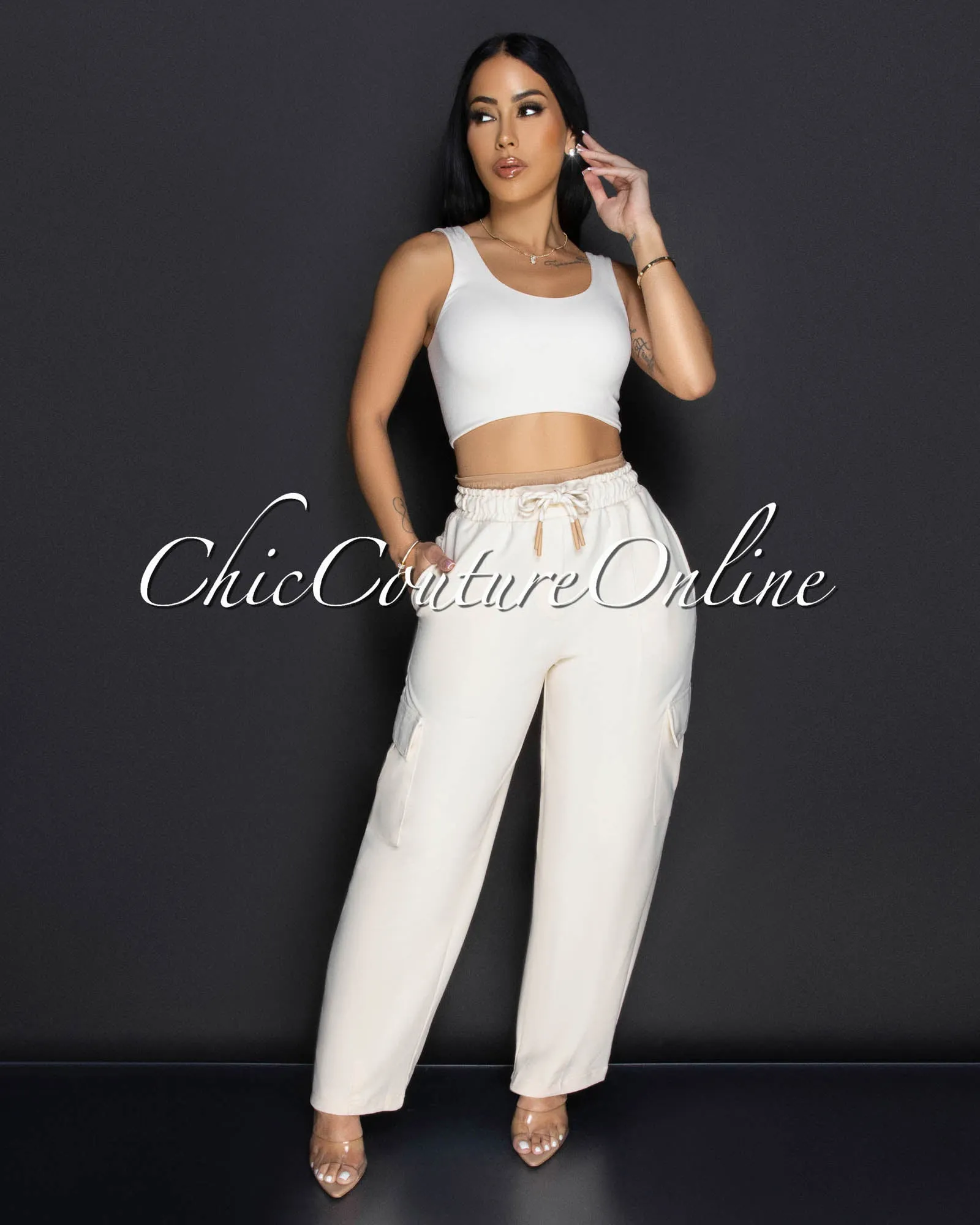 Rubin Beige Nude Cargo Sweatpants sold by Chic Couture product image thumbnail 4