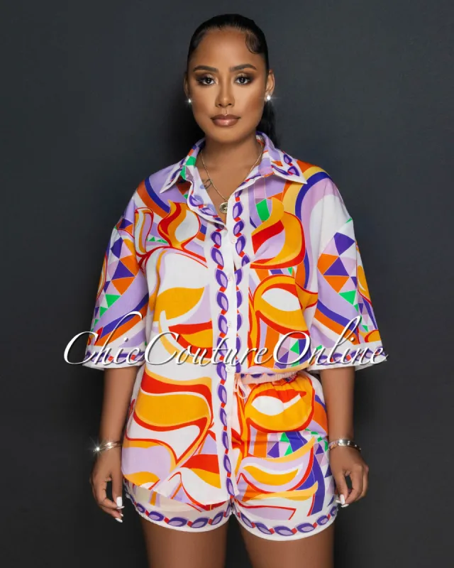 *Kristina Orange Lilac Multi-Color Print Shirt & Shorts Set sold by Chic Couture